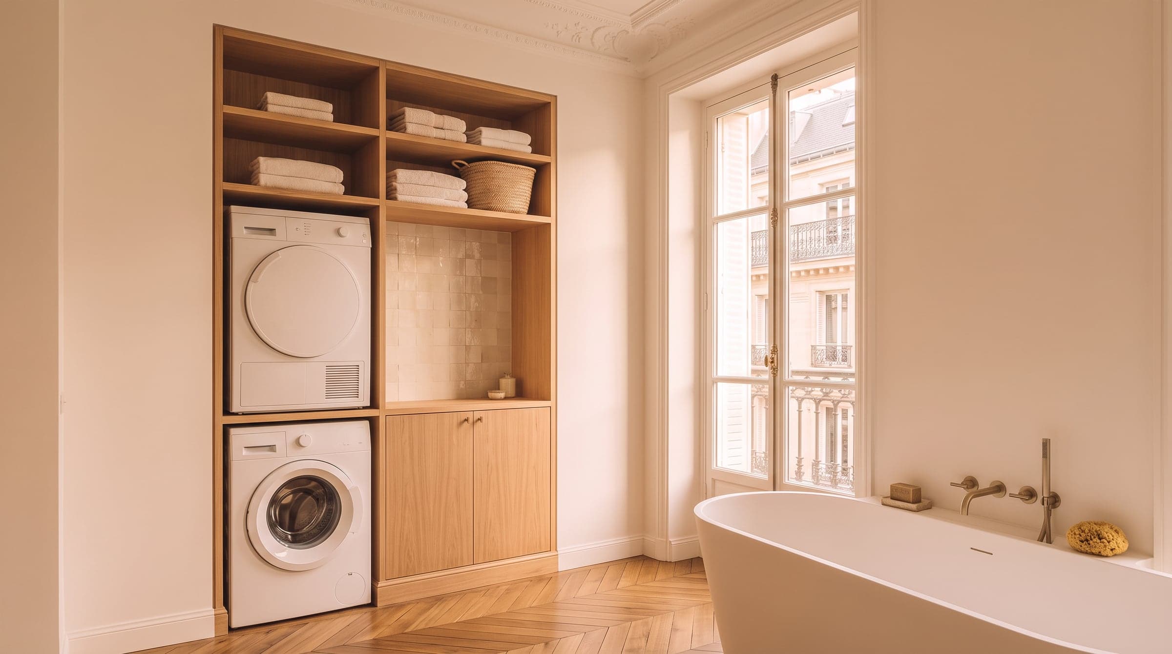 Renfoncement de salle de bain transformé en buanderie, lave-linge et sèche-linge en colonne sous une étagère