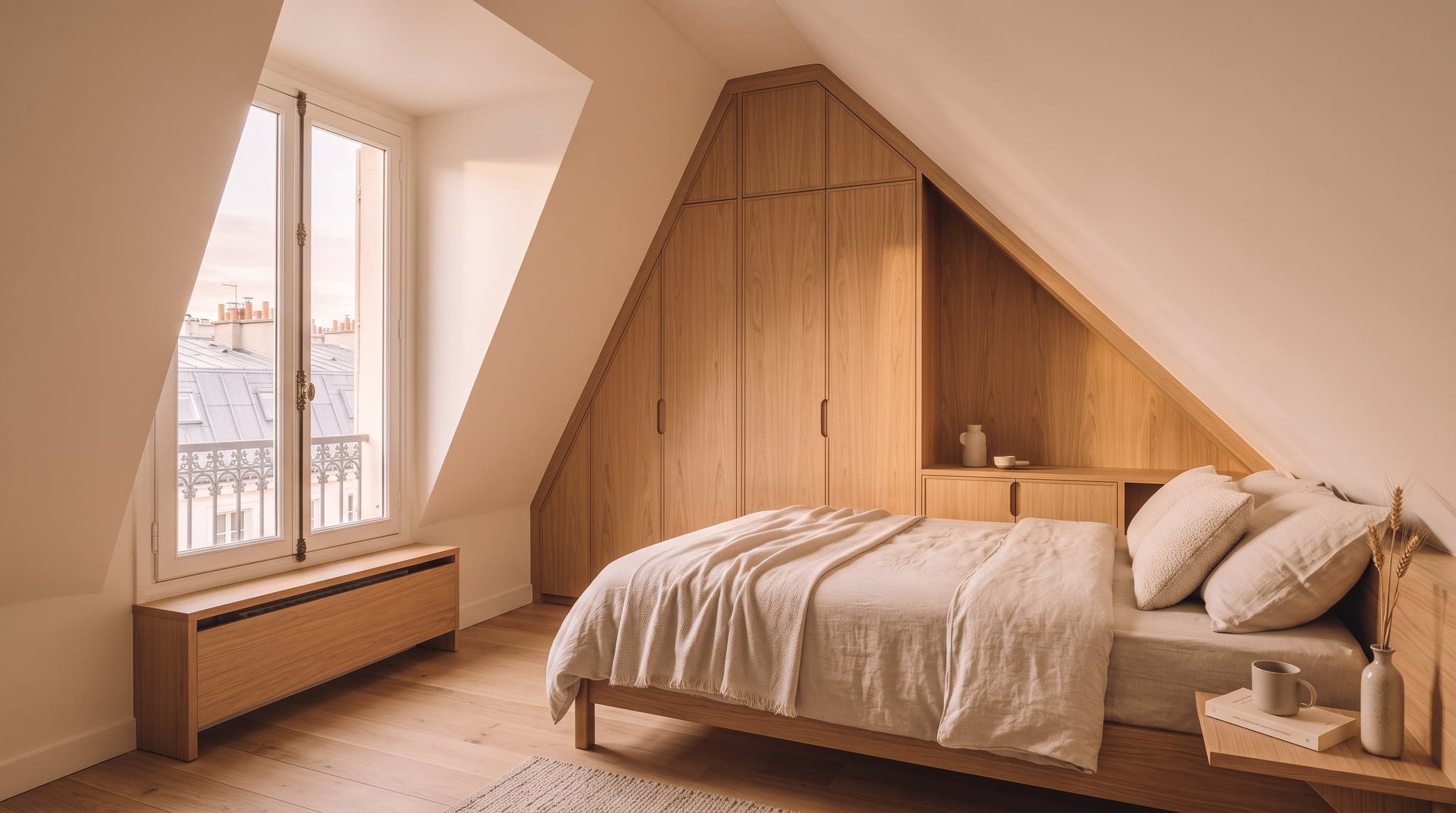 Armoire dessinée dans l'angle de la pente, mur incliné peint dans la même teinte que les murs droits