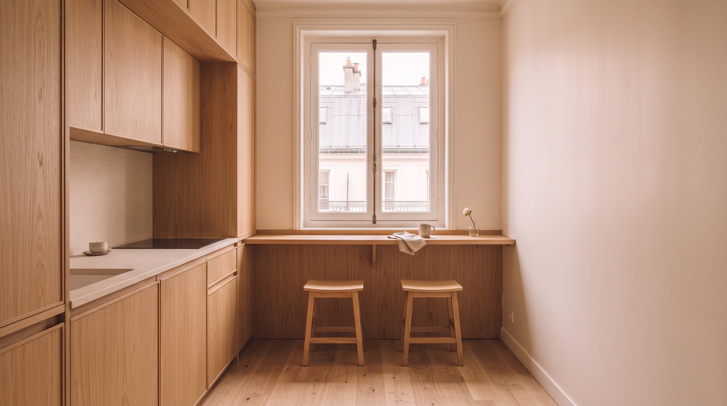 Petite cuisine sur mesure en linéaire avec tablette repas fixée sous une fenêtre haute