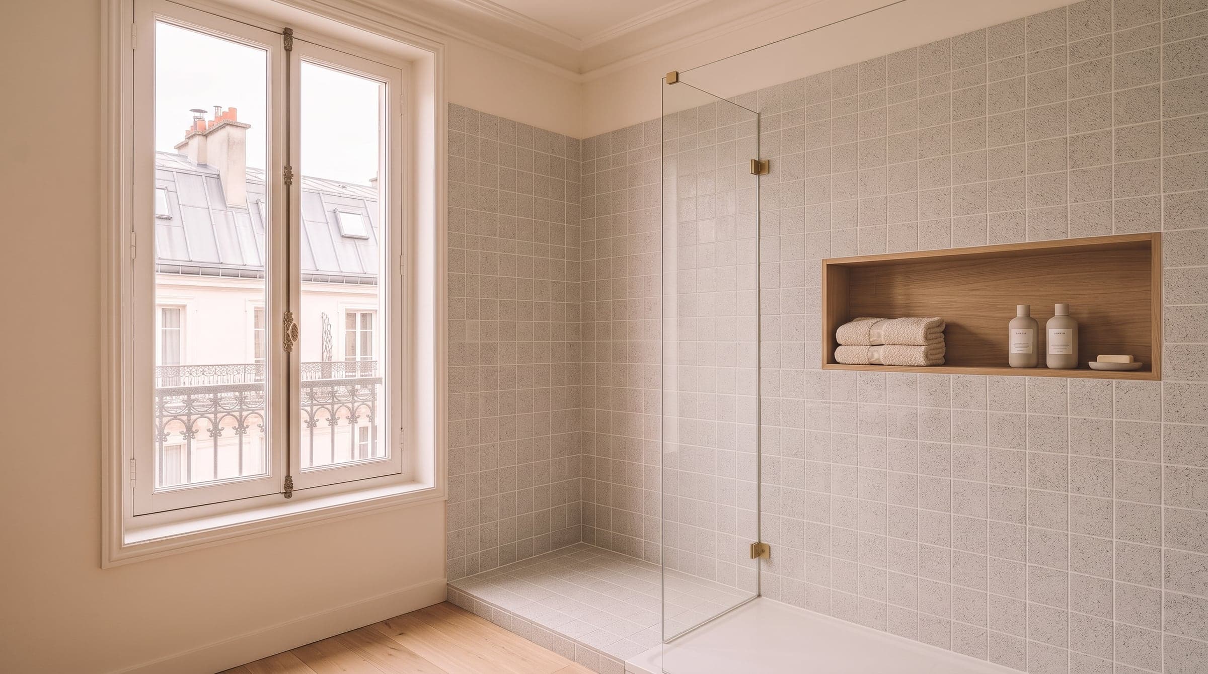 Douche à l'italienne étroite avec paroi vitrée et niche de rangement creusée dans le mur carrelé