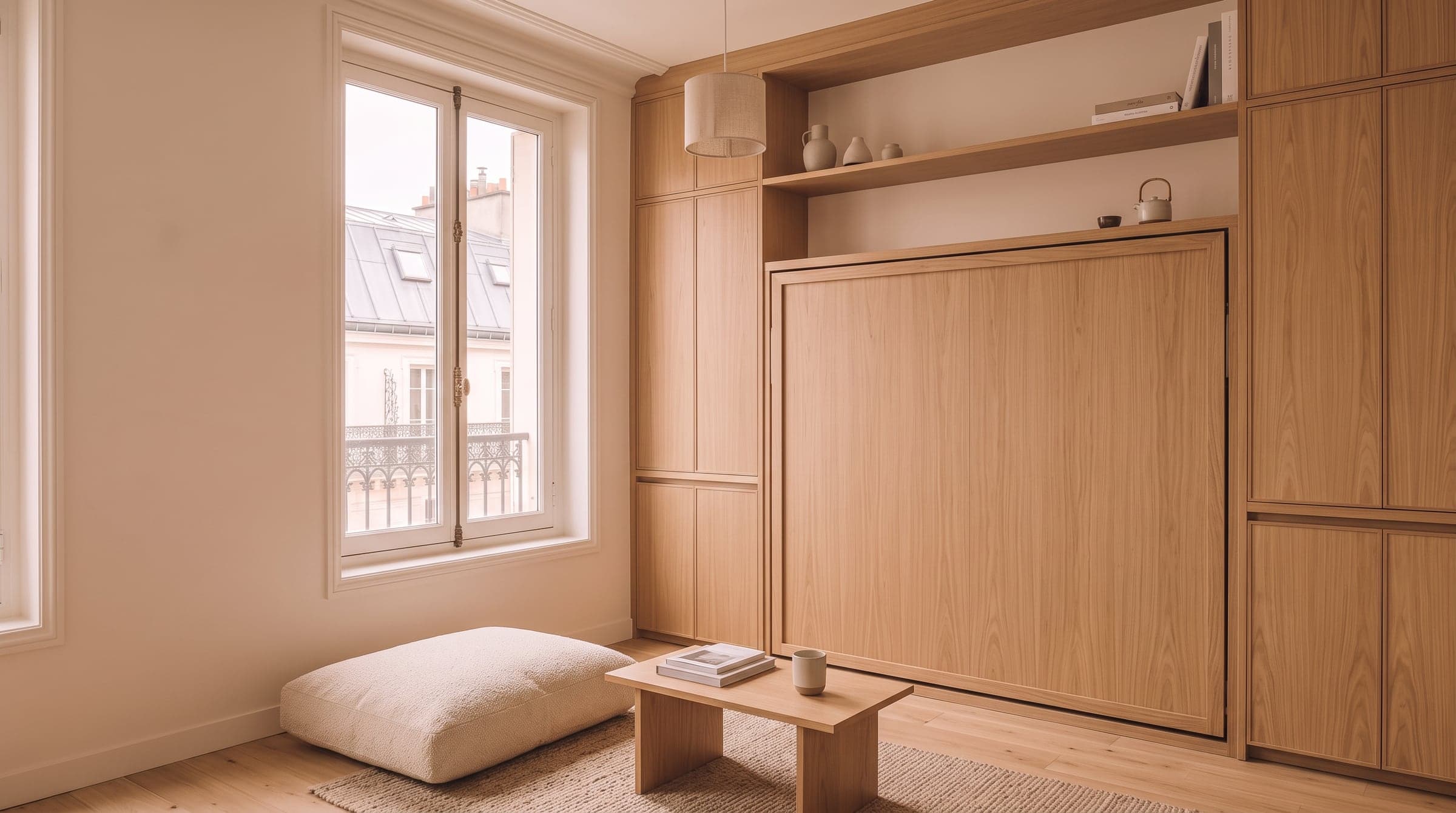 Lit escamotable relevé dans une niche menuisée, studio parisien avec fenêtre sur toits de zinc