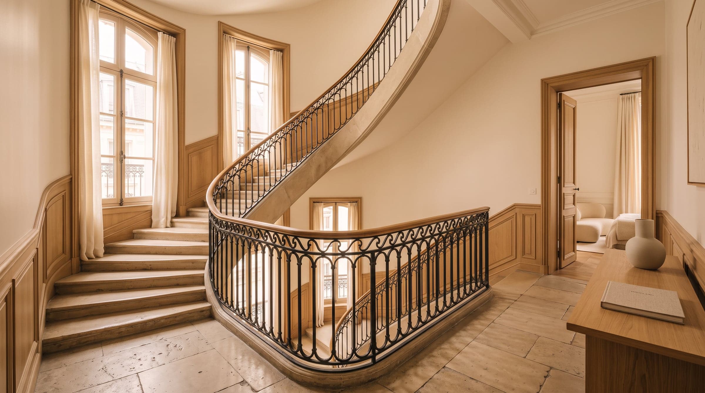 Stone stairwell of a Paris apartment building with a wrought-iron bannister, seen from an upper landing