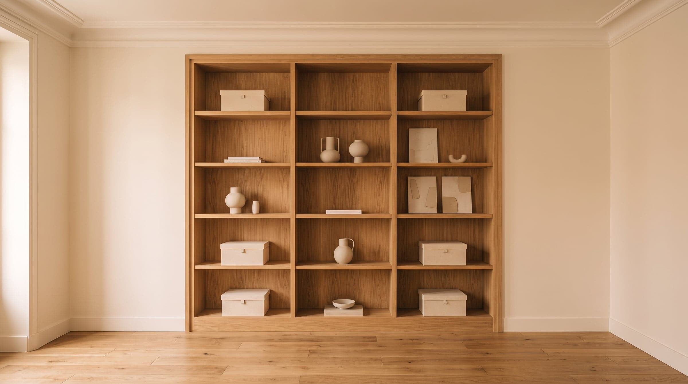 Finished oak bookcase built into the wall of a renovated Paris apartment, morning light along the shelves