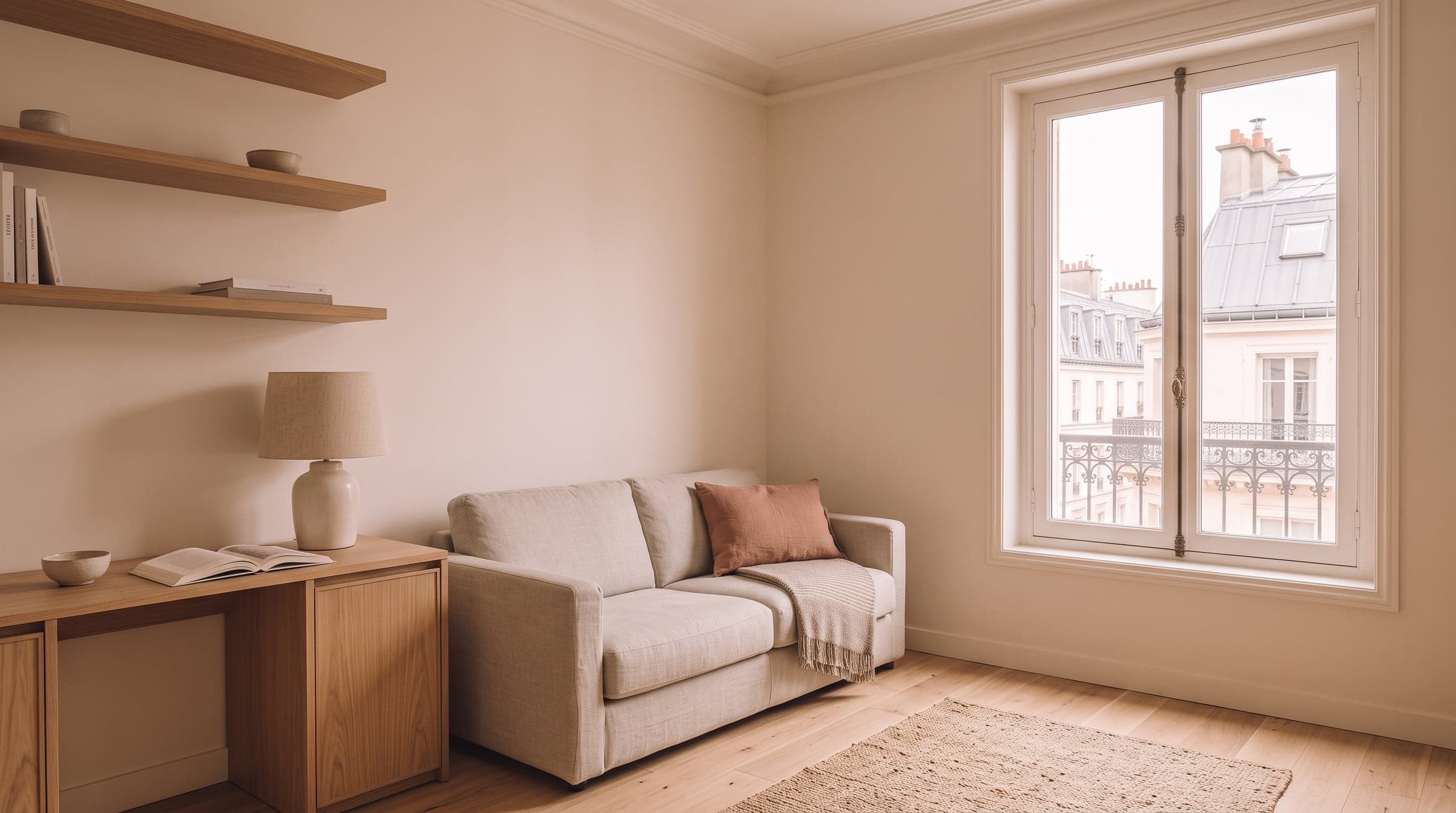 Petit salon parisien réchauffé par de nouveaux tissus et coussins, sans qu'aucune cloison n'ait bougé