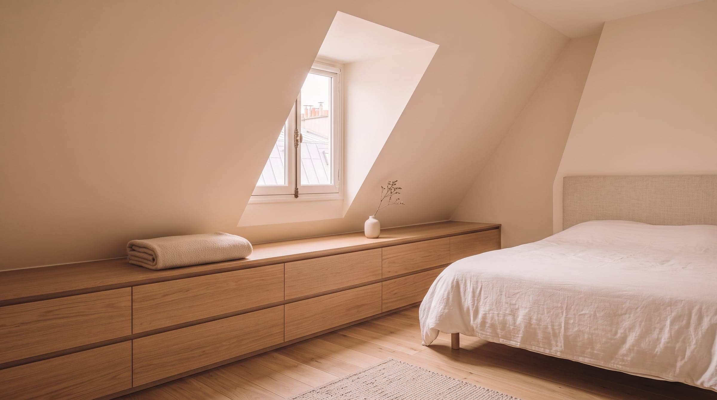 Low built-in storage running along the foot of a sloped ceiling, wide drawers following the slope down to the floor