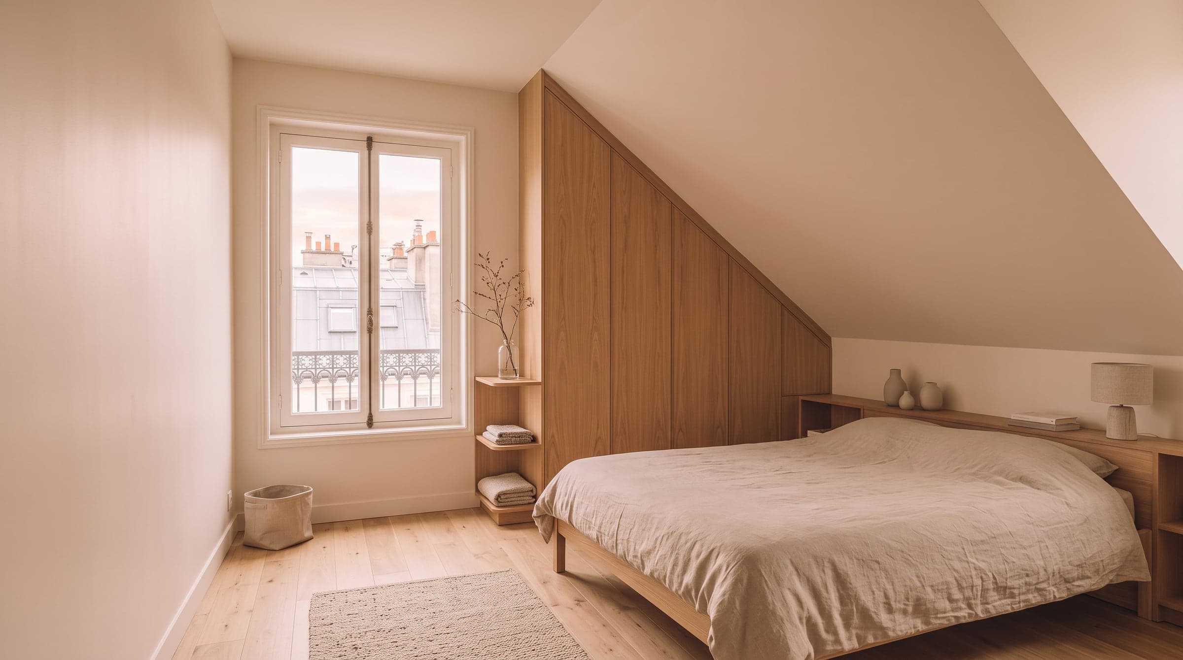 Wardrobe built into the angle of a sloped ceiling, its top panel meeting the roofline without a gap