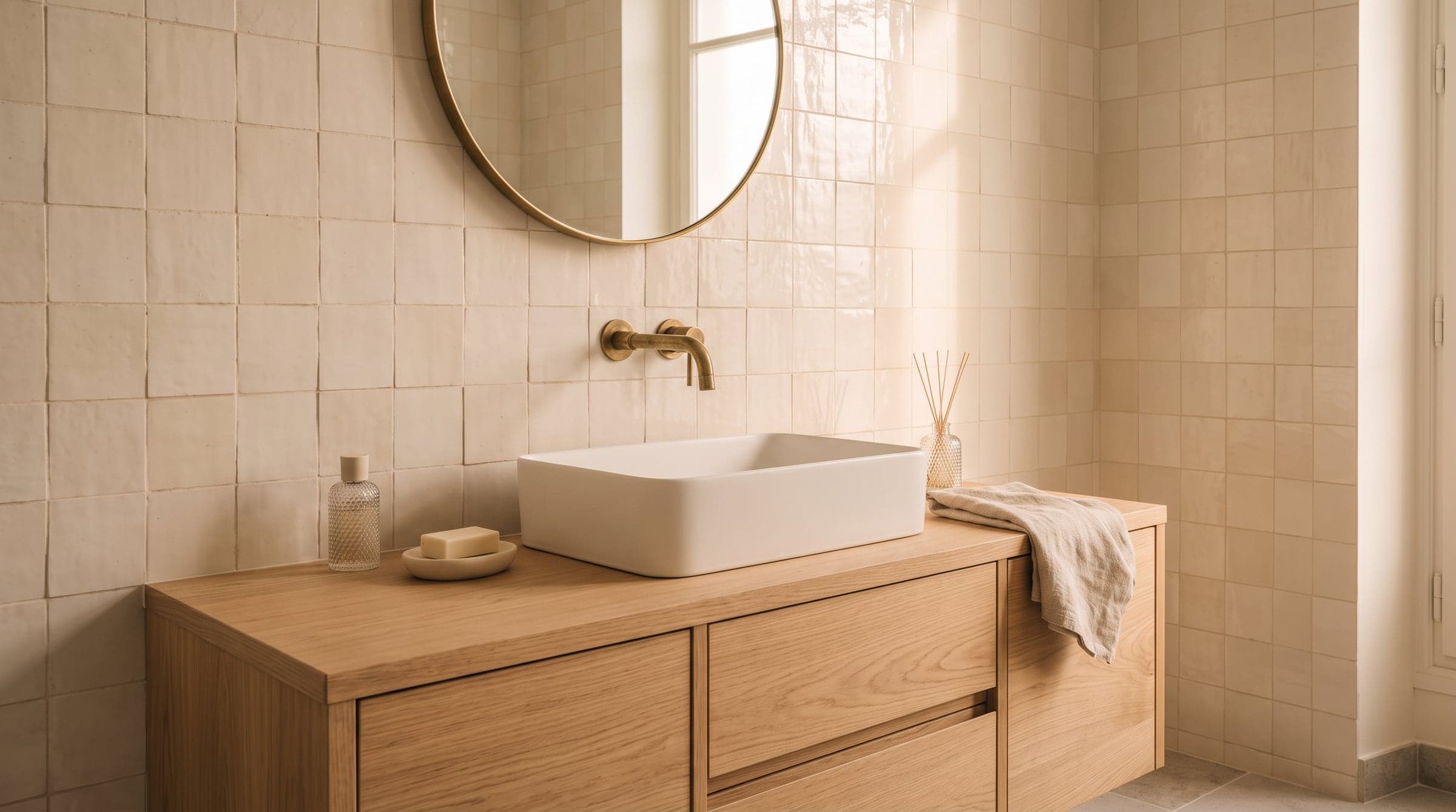 Meuble vasque en bois sur mesure dans une salle de bain terminée, robinetterie et miroir
