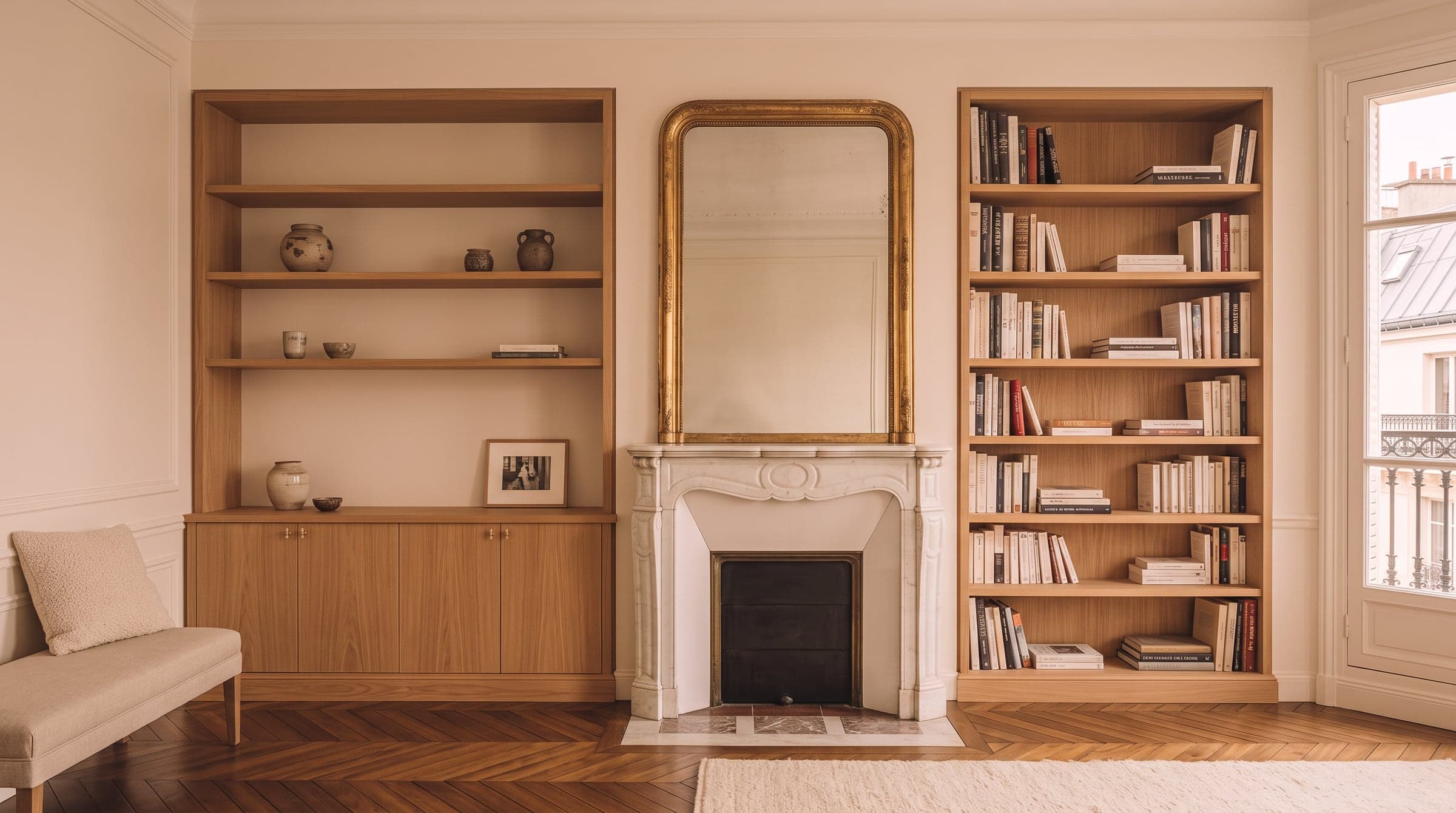 Built-in shelving flanking a marble chimneypiece, one alcove wider than the other and holding a low cabinet