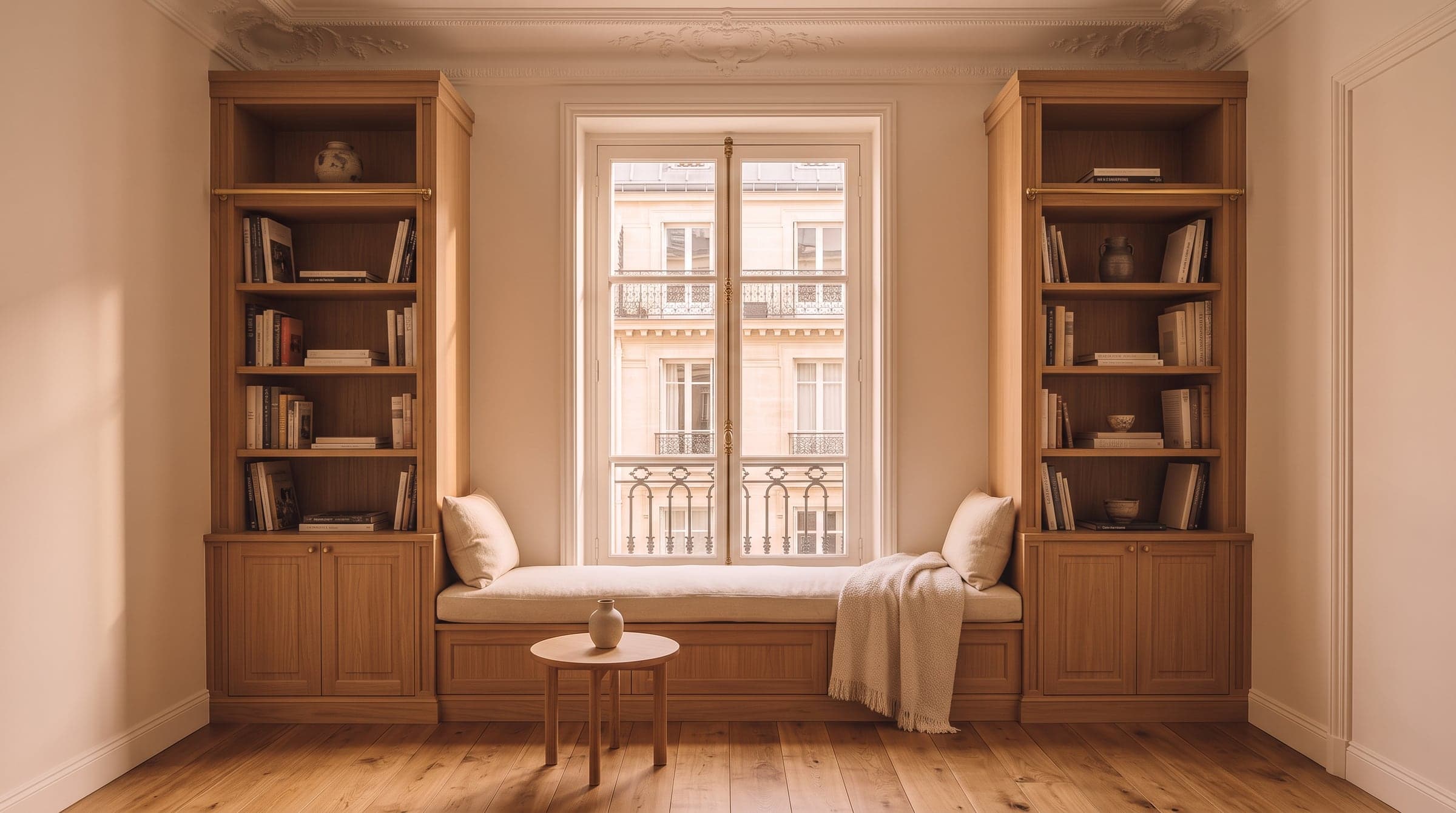 A window seat with cushions built into a run of oak shelving, warm evening light from the courtyard window