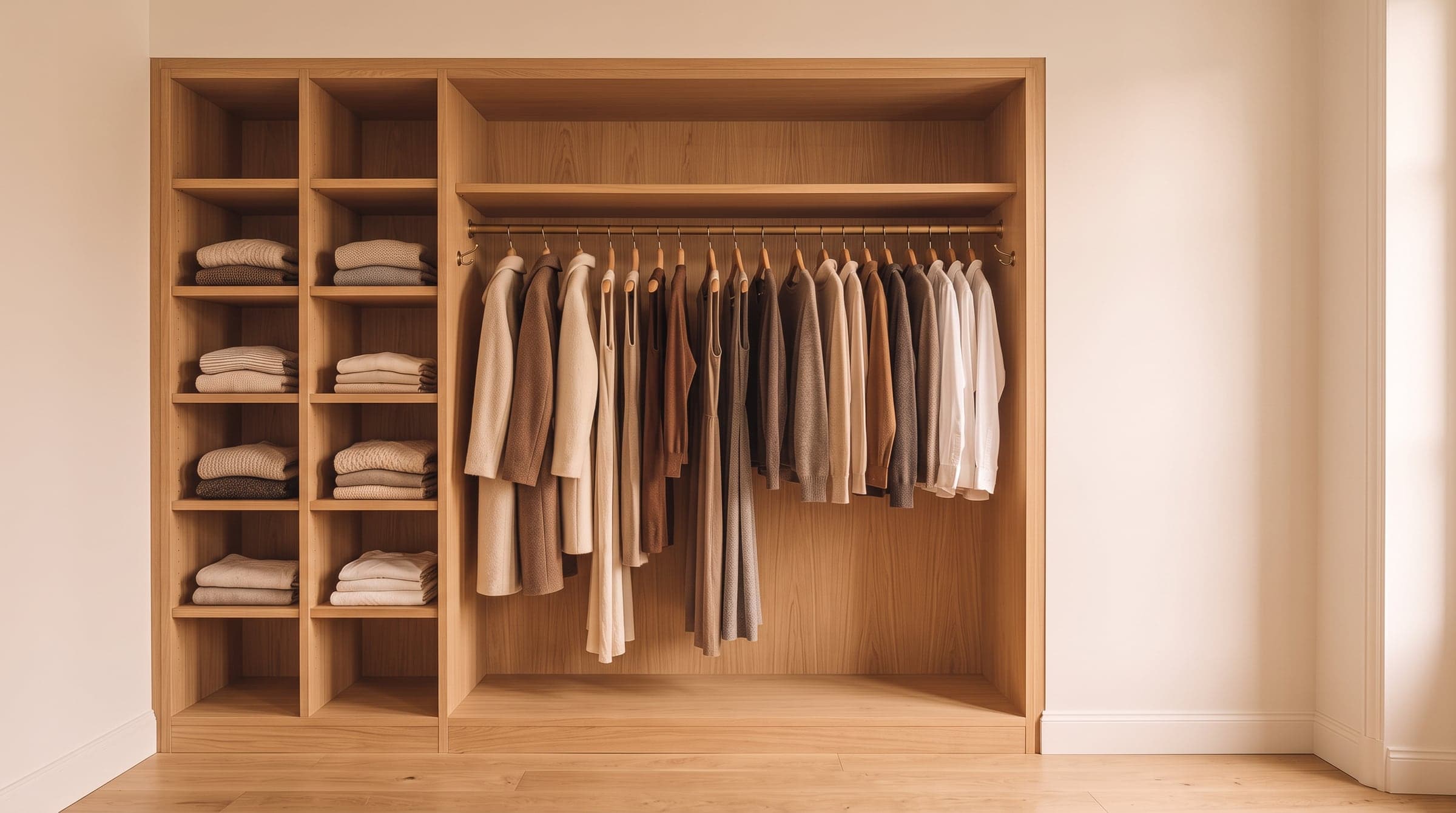 Open wardrobe interior showing an angled hanging rail and stacked shelves in a narrow bedroom recess