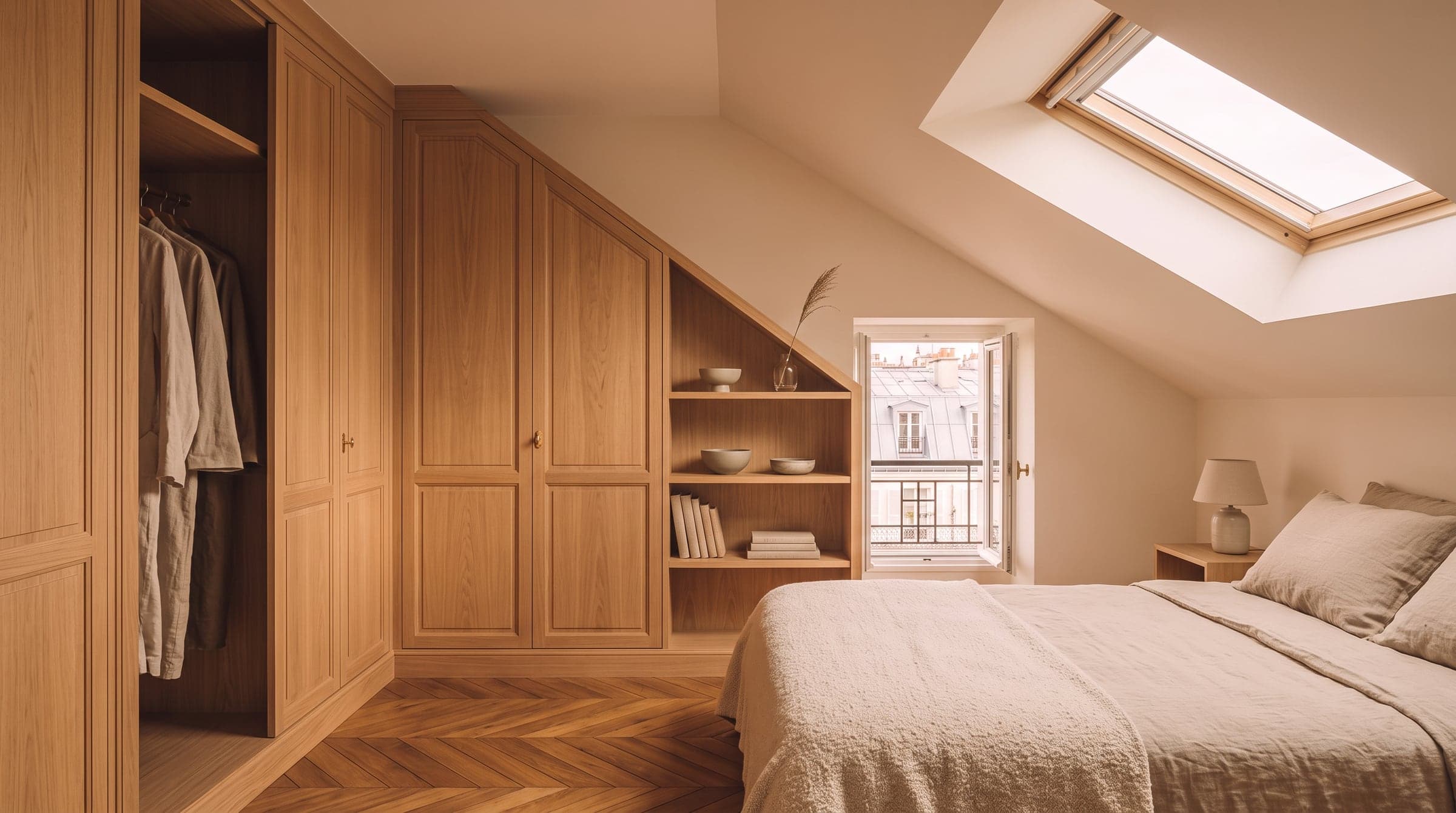 Built-in wardrobe following a sloped attic ceiling, stepping down with shallow shelving on the low side