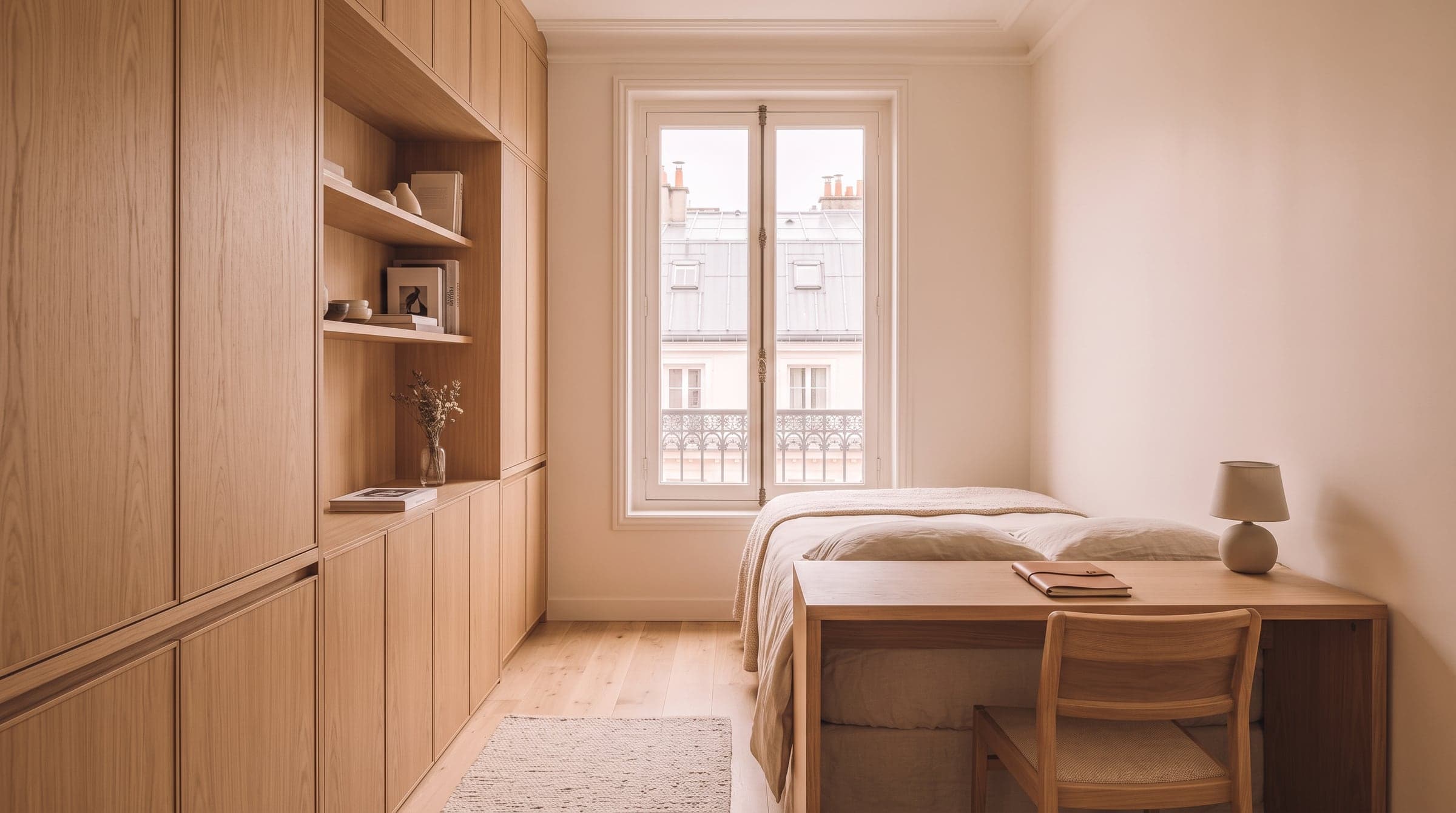 Bureau glissé au pied d’un lit dans une chambre étroite, chaise rangée sous le plan de travail