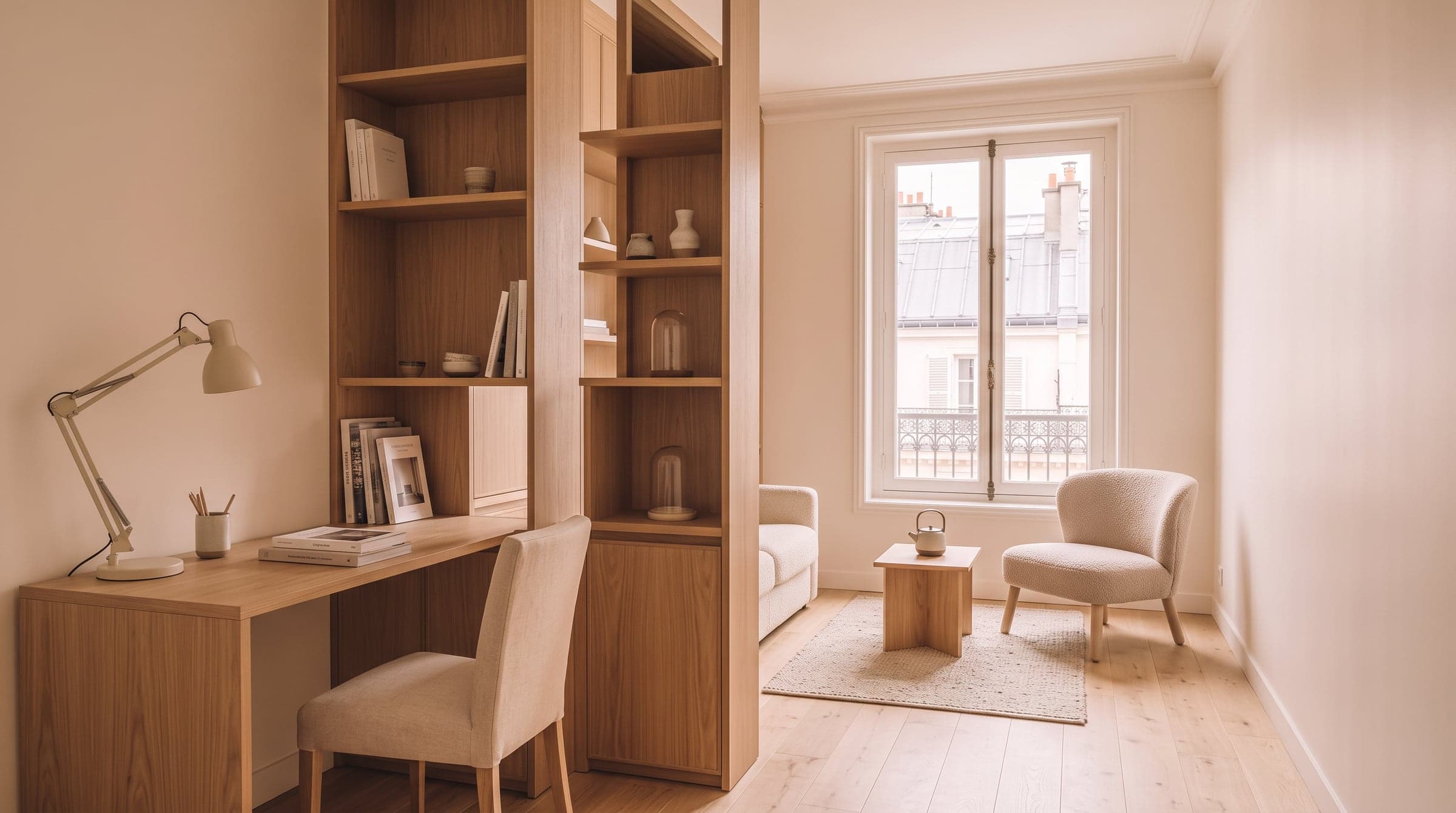 Bibliothèque traversante en chêne séparant un salon d'un coin bureau, montant jusqu'au plafond