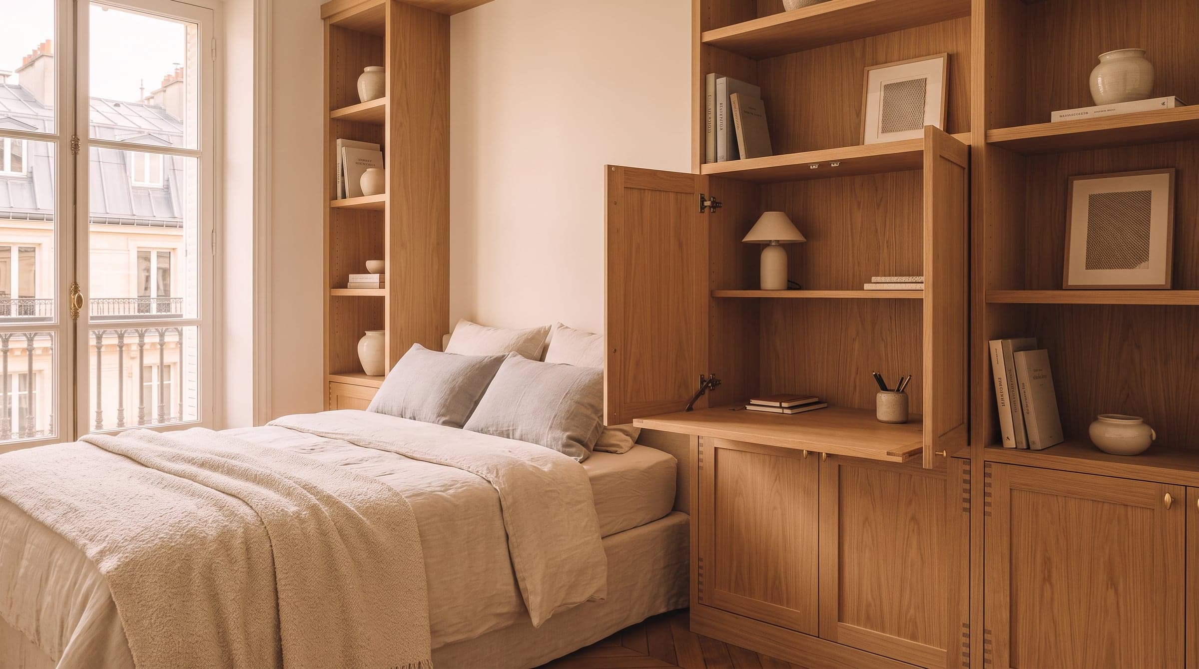 Bureau fermé logé dans une alcôve de chambre, façade en bois refermée sur l'ordinateur rangé