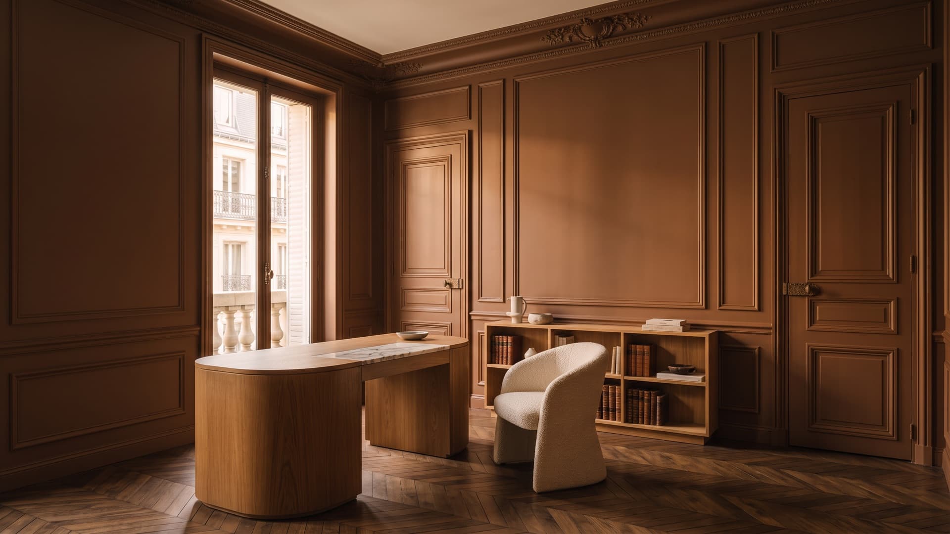 Bureau haussmannien peint ton sur ton en brun tabac : murs, moulures et portes dans la même teinte
