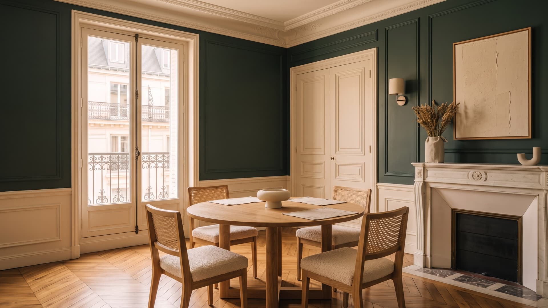 Salle à manger haussmannienne aux murs vert bouteille, moulures et soubassement crème