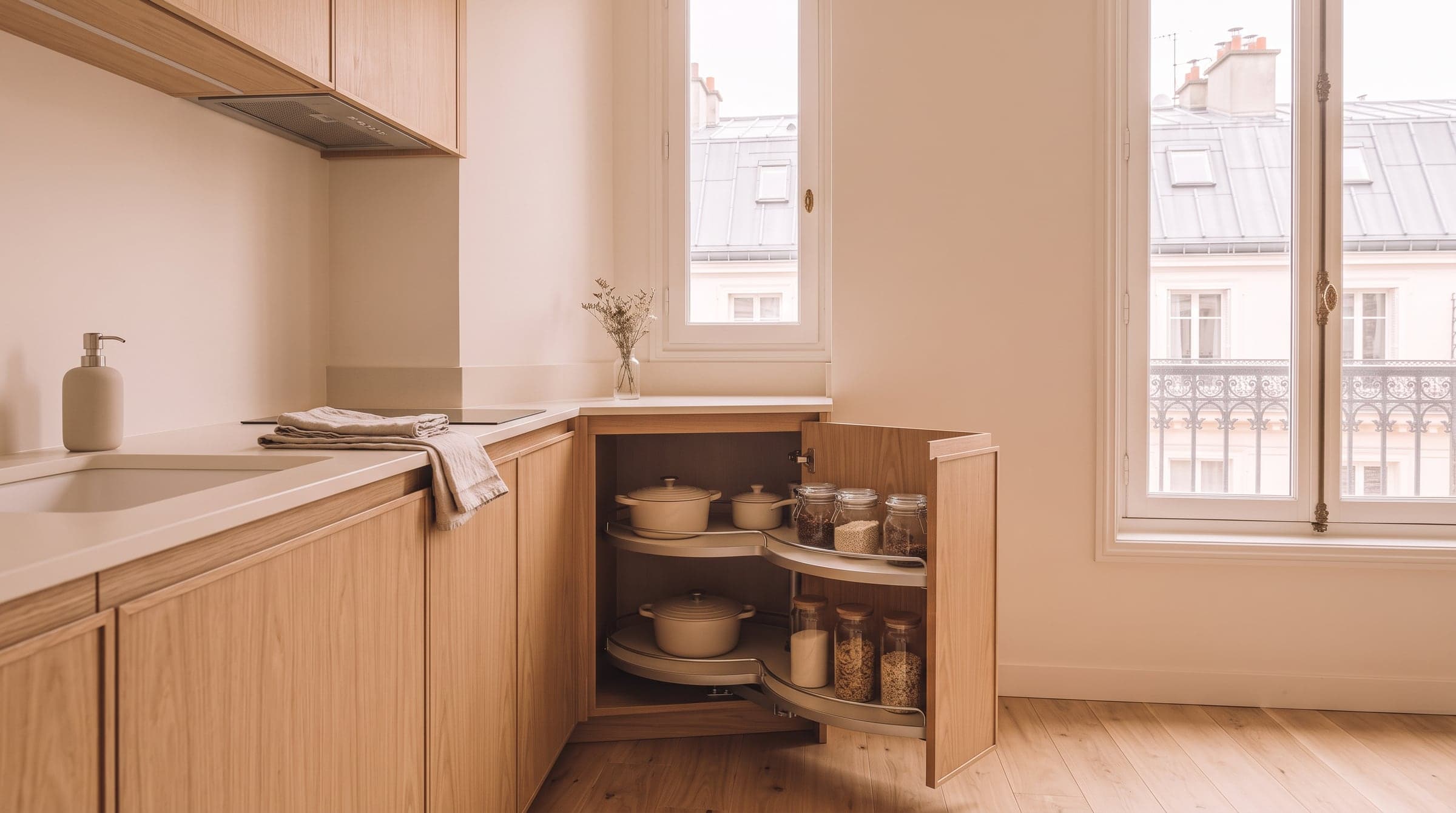 Rangement d'angle pivotant ouvert dans une cuisine en L, casseroles et bocaux rendus accessibles