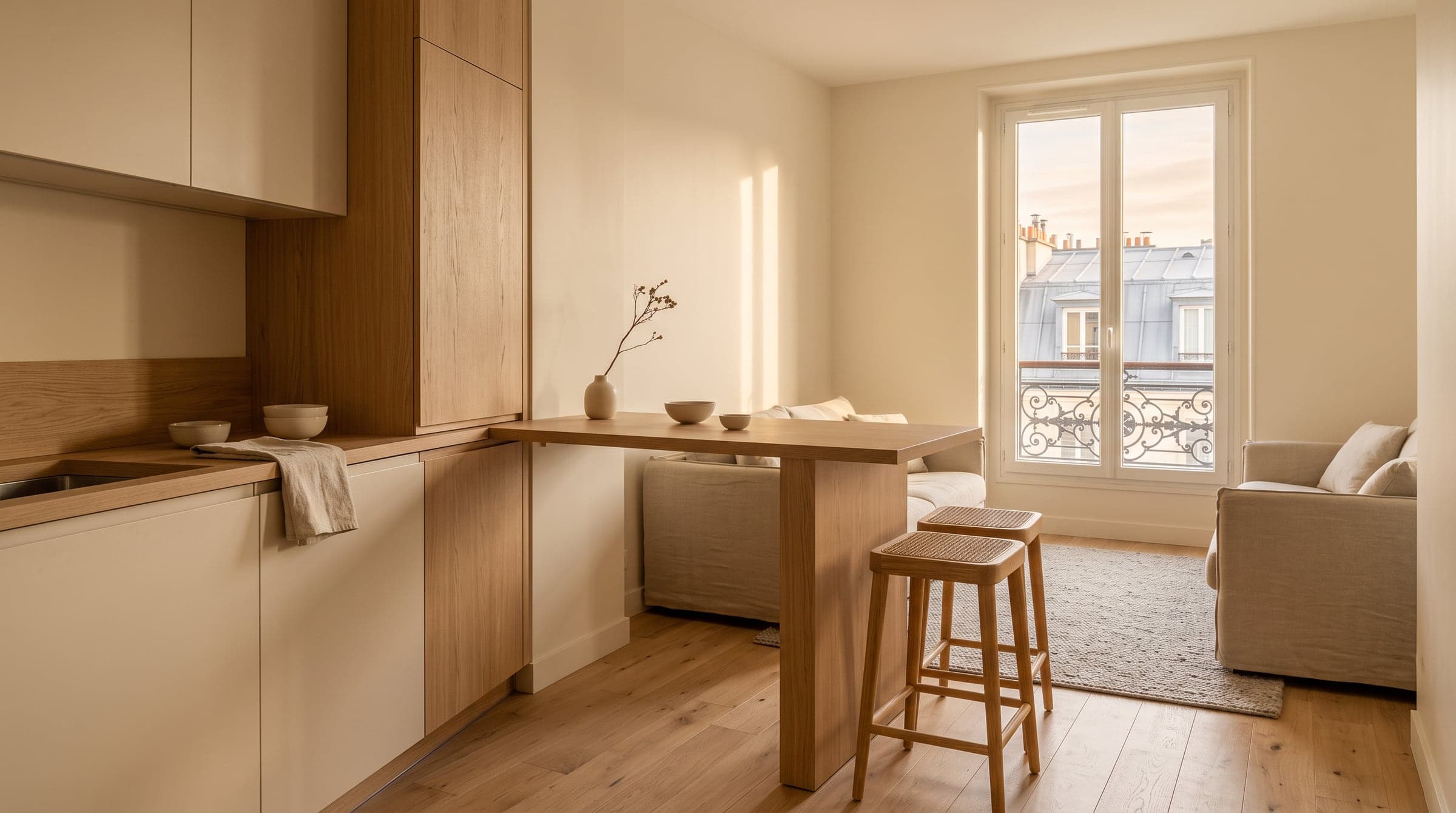 Bout libre d'une cuisine en L formant un comptoir ouvert sur le salon