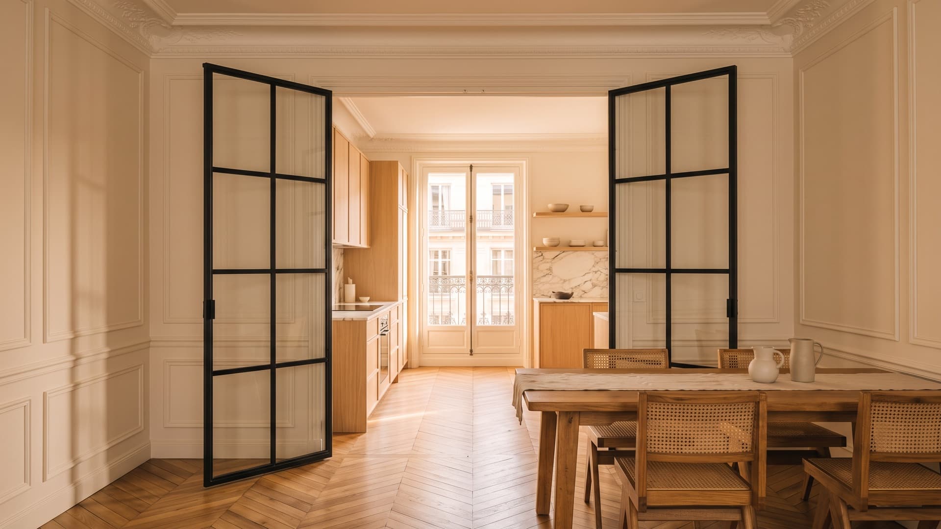 Cuisine haussmannienne ouverte sur la salle à manger par une double porte vitrée toute hauteur