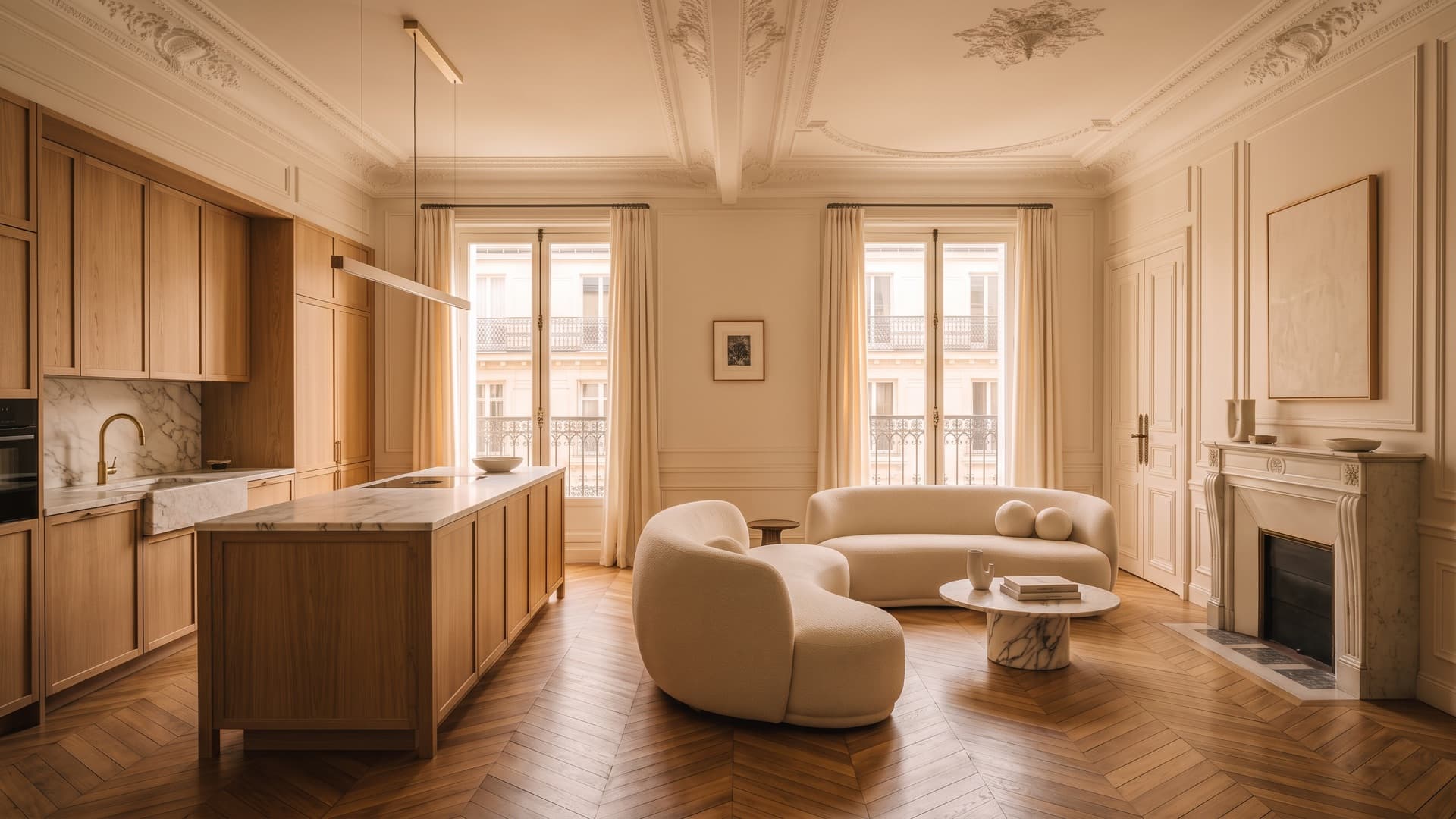 Cuisine entièrement ouverte sur le séjour d'un appartement haussmannien