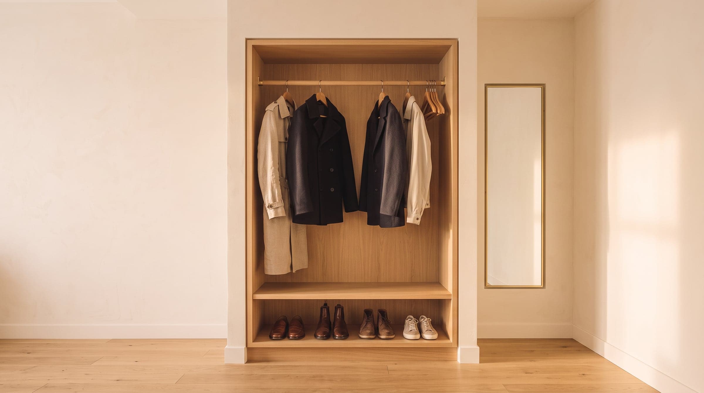 Open entryway cabinet showing coats on an angled rail above shoes stored at an angle, toes inward