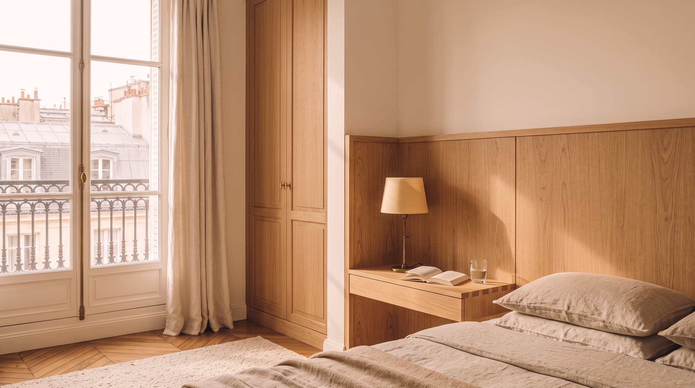 Close view of an oak headboard panel widening into a built-in bedside shelf with a lamp and a book