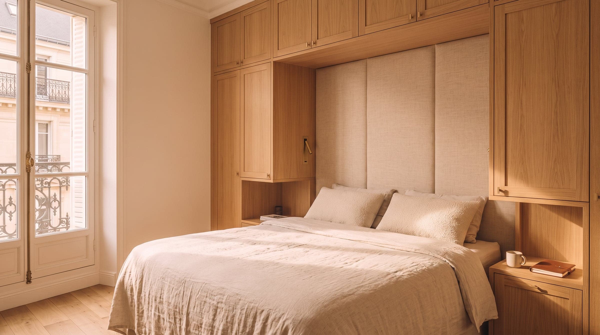 Upholstered linen headboard panel with a recessed reading light, morning sun on the bed