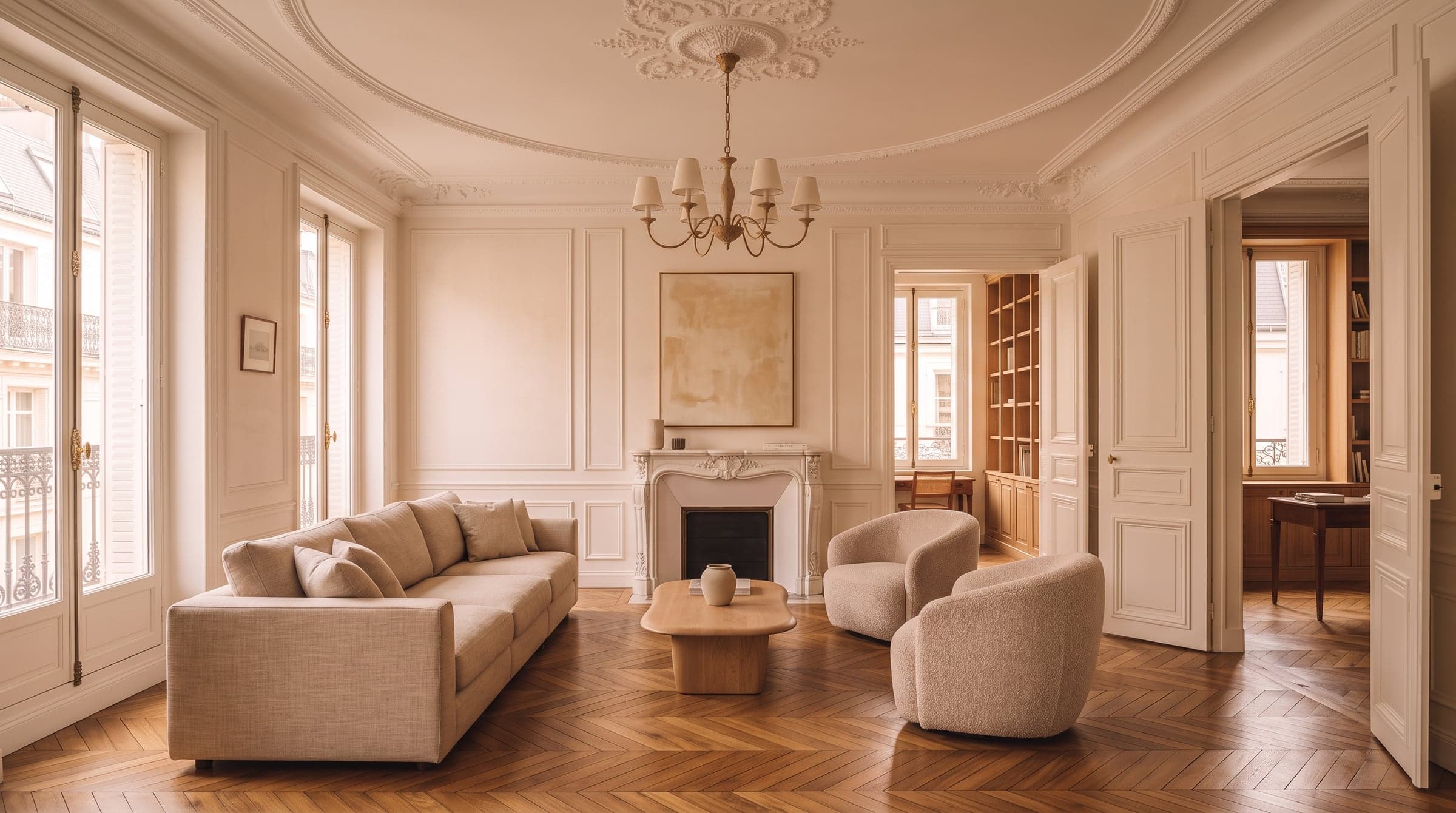 Grand salon haussmannien en réception avec vue vers une double porte ouverte sur une seconde pièce