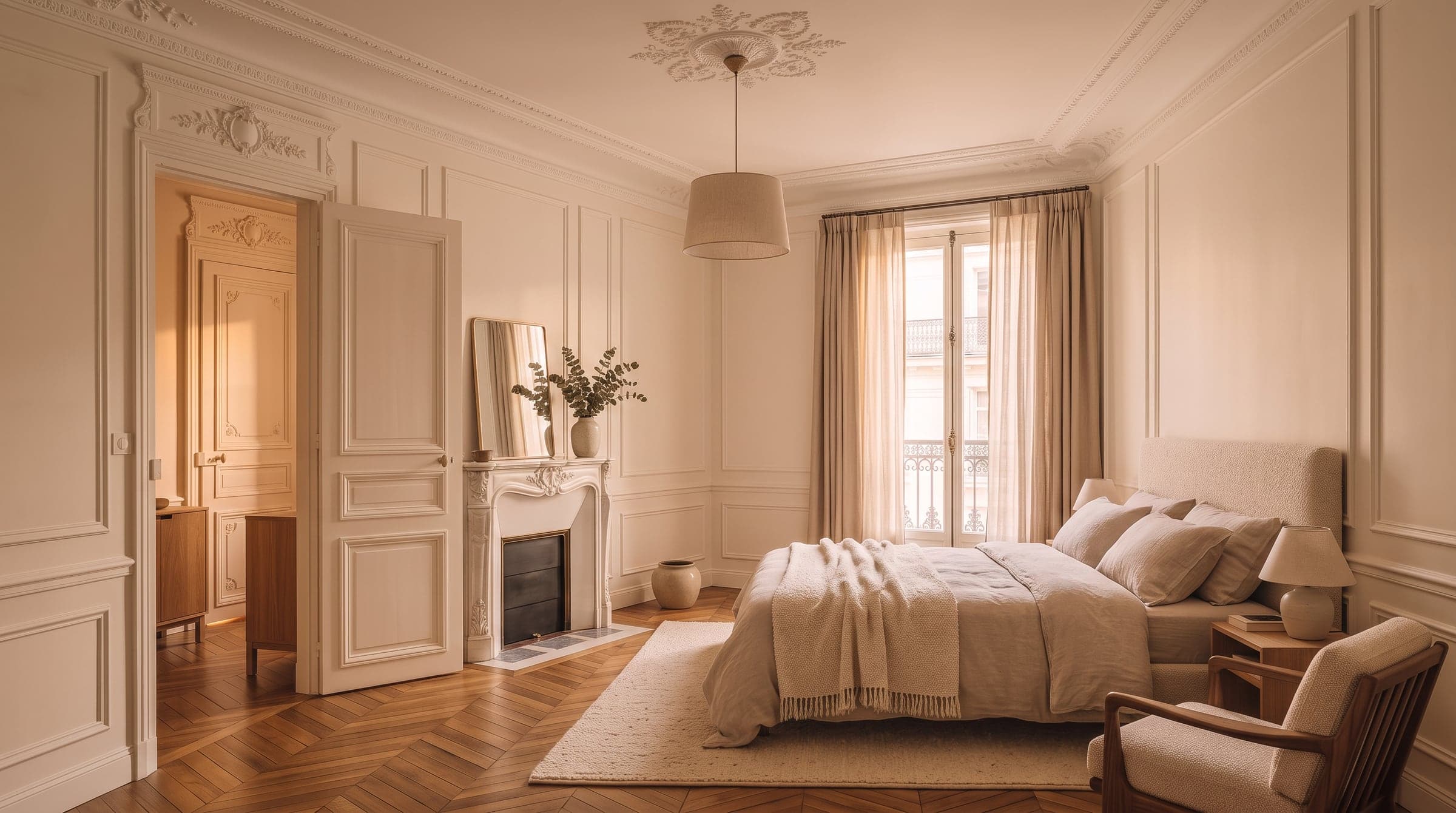 Ancien petit salon haussmannien transformé en chambre avec accès indépendant depuis le couloir
