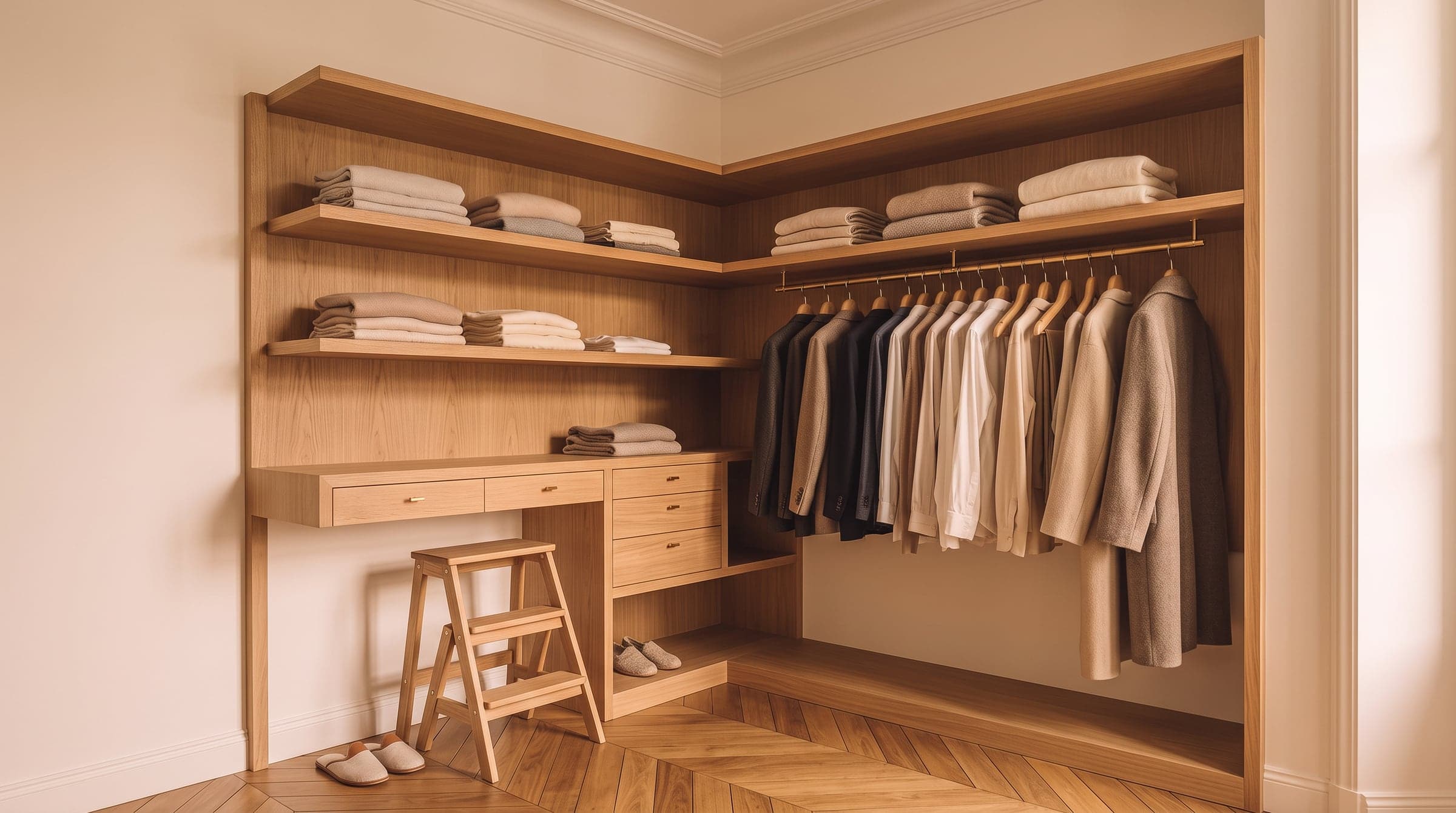 Renfoncement de dressing sur mesure logé dans un angle de chambre, étagères en chêne montant jusqu'au plafond
