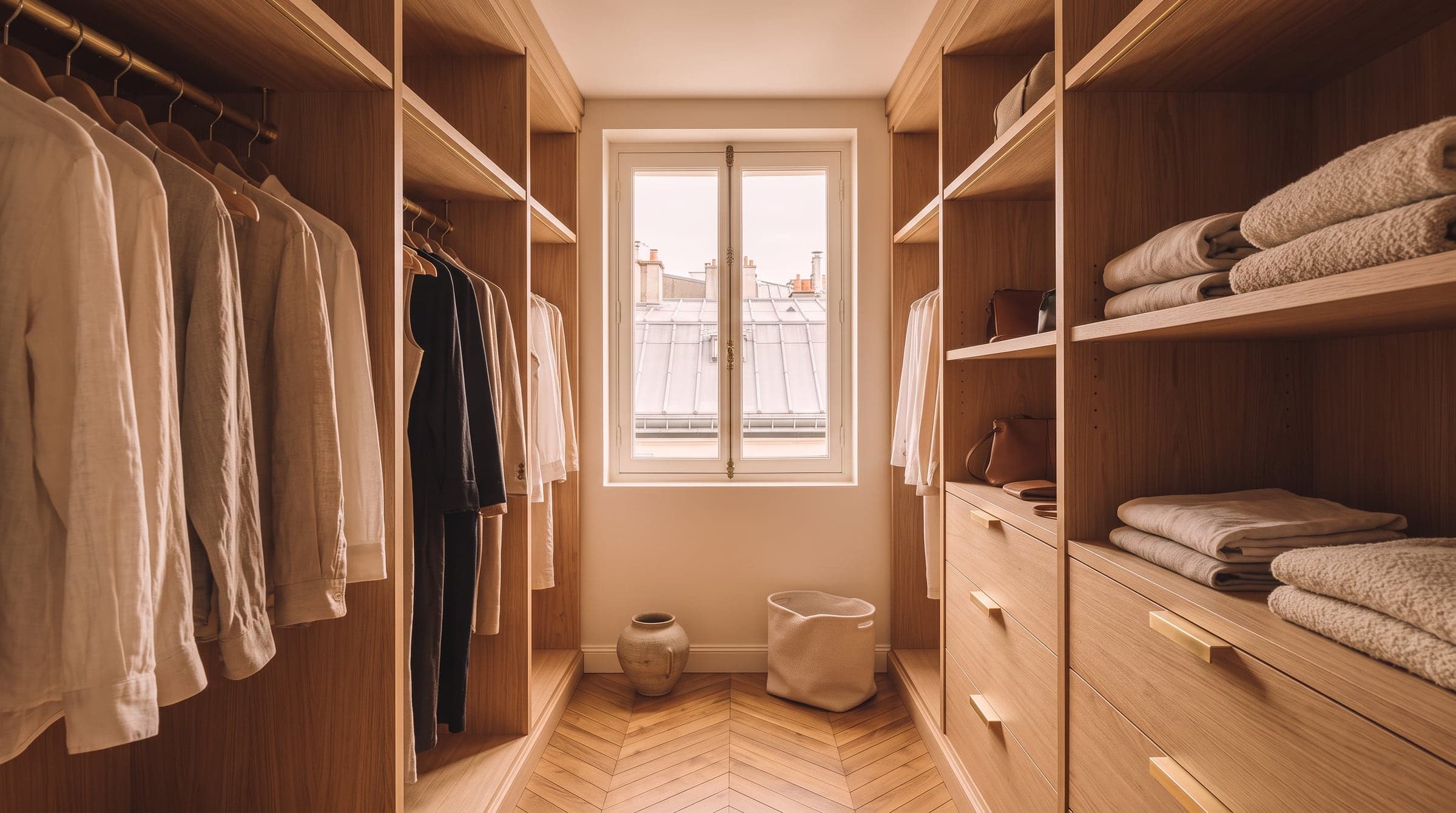 Petite pièce transformée en dressing traversant, ouverture sans porte encadrée de chêne, tringles et tiroirs de chaque côté