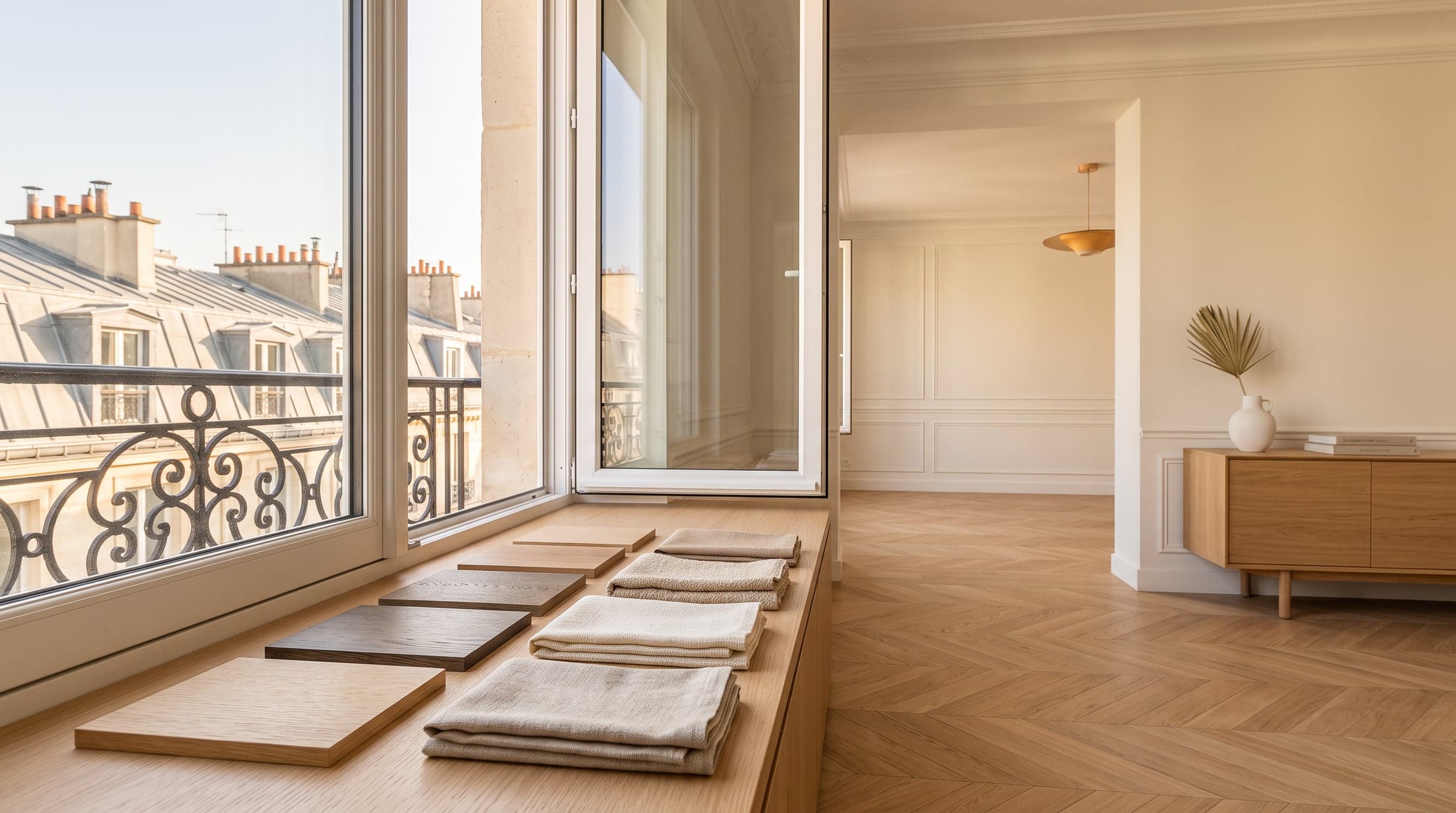 Oak veneer and linen material samples laid out on a windowsill in an empty Paris living room, morning light