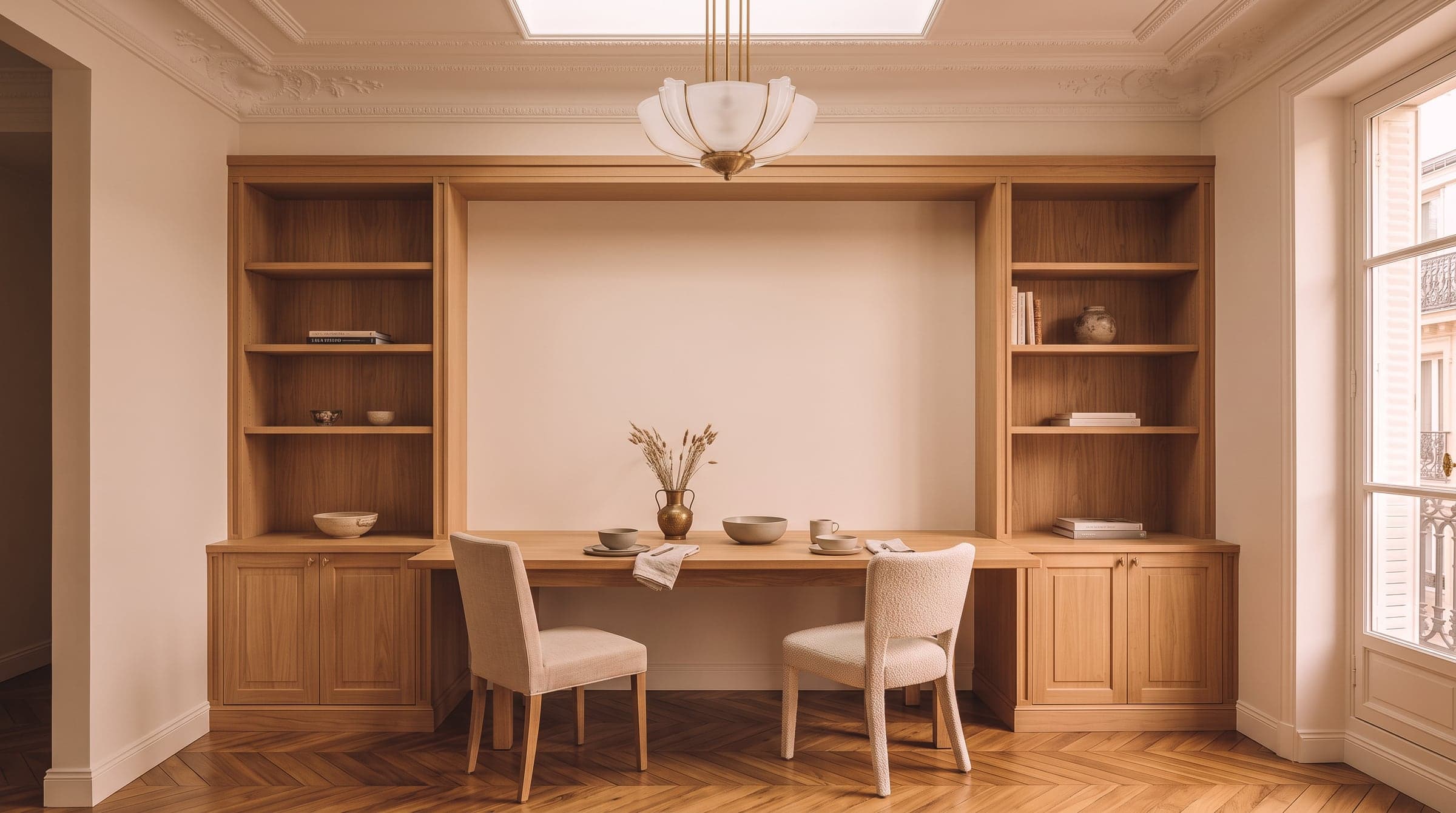 Dining table set into an oak wall unit, shelving and cabinets built to the exact width of the alcove around it