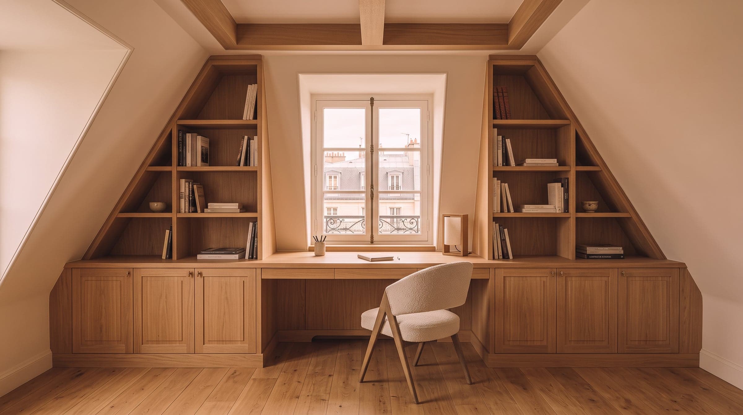 Bureau installé sous une lucarne, avec rangement bas en chêne suivant la pente du plafond
