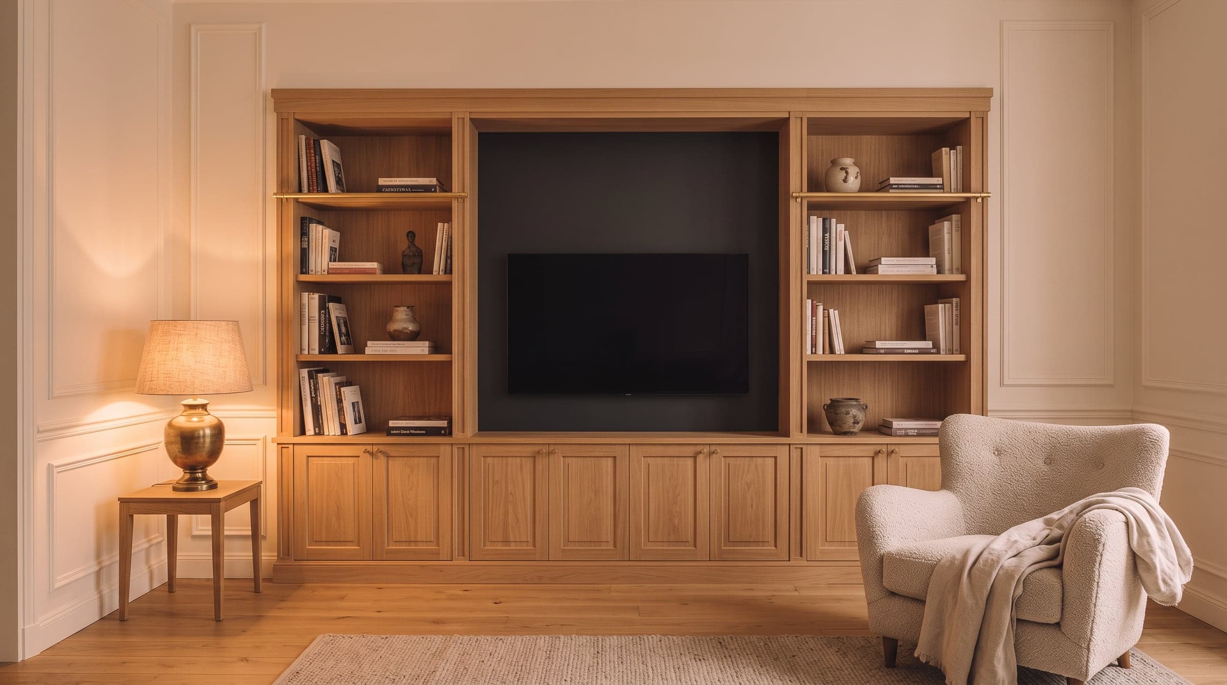 Façade de meuble TV bibliothèque le soir, écran éteint presque invisible dans une niche peinte dans un ton profond