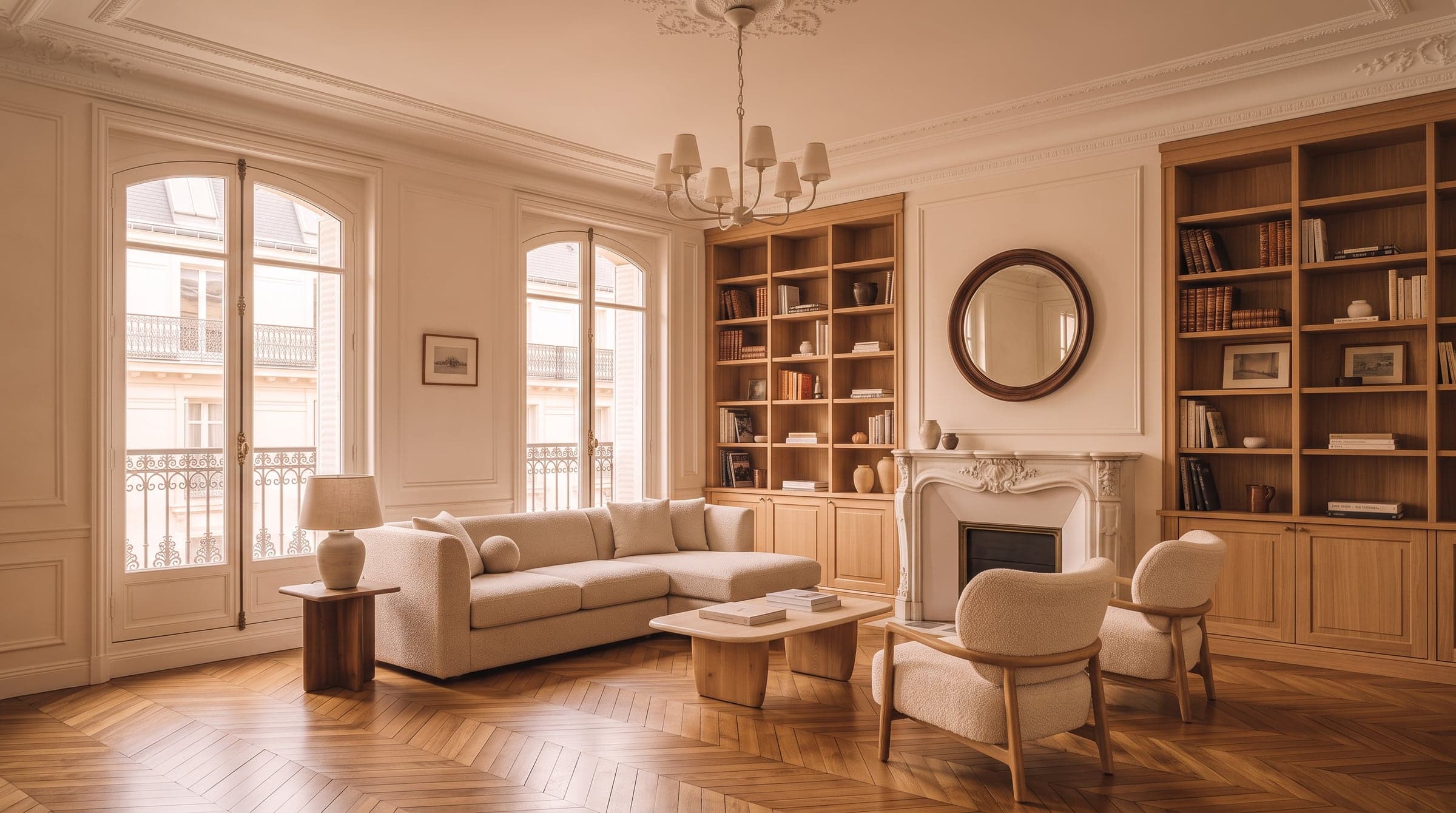 Bibliothèque sur mesure encadrant une cheminée haussmannienne, alignée sur la cimaise