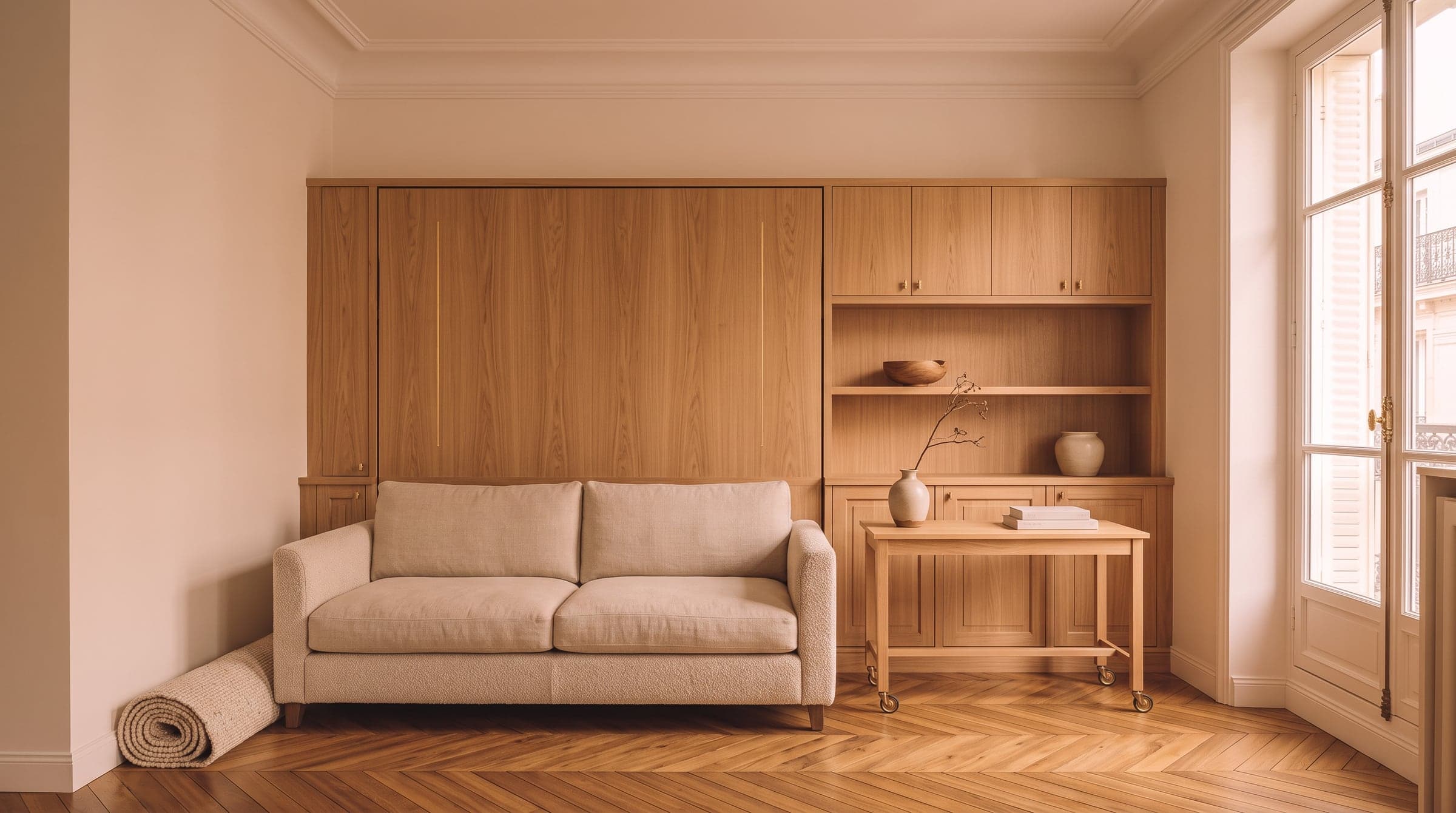 Studio apartment sitting area with a low sofa set back from a closed fold-away bed cabinet, clear floor between them