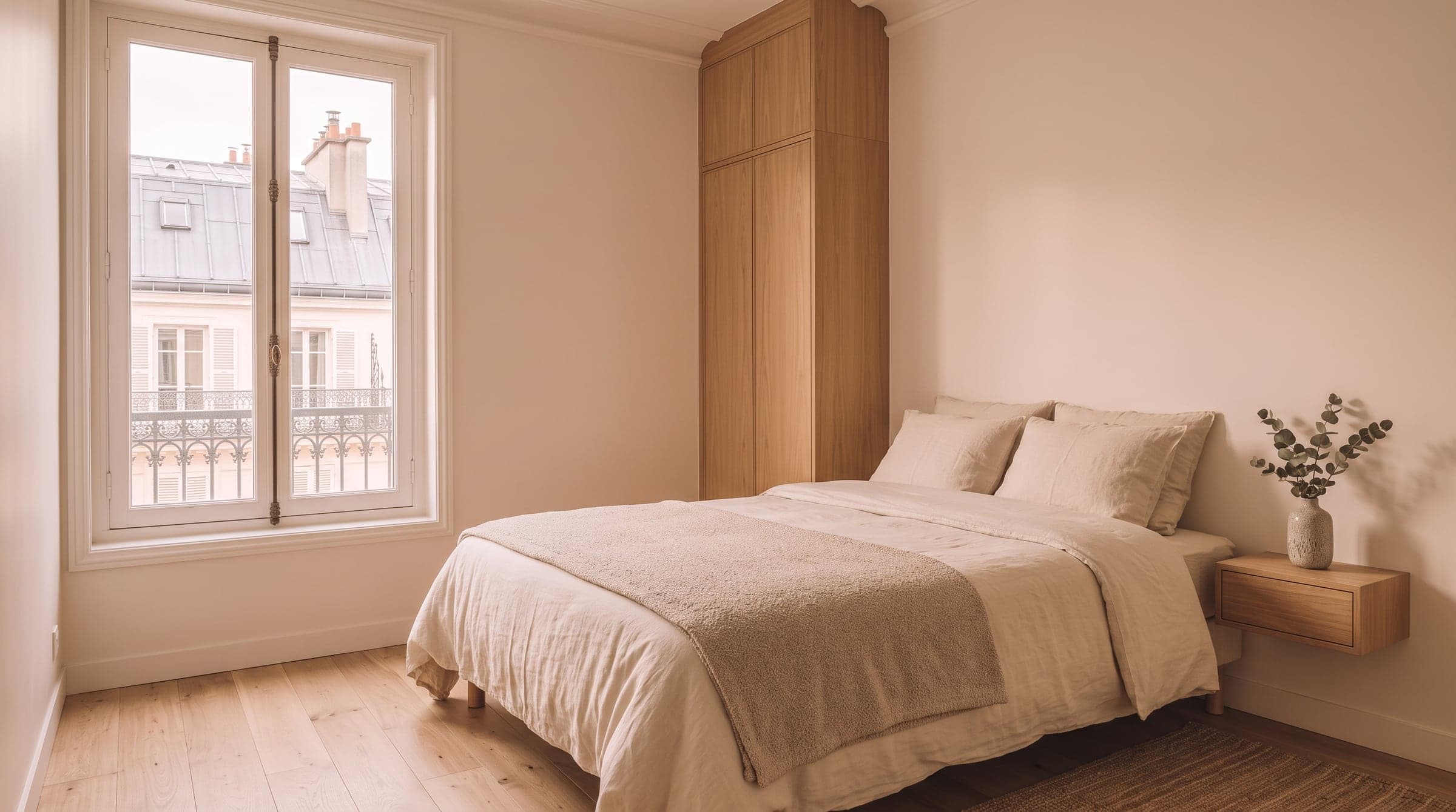 Quiet bedroom facing an interior courtyard, pale oak floorboards, linen bedding and a slim built-in wardrobe along one wall