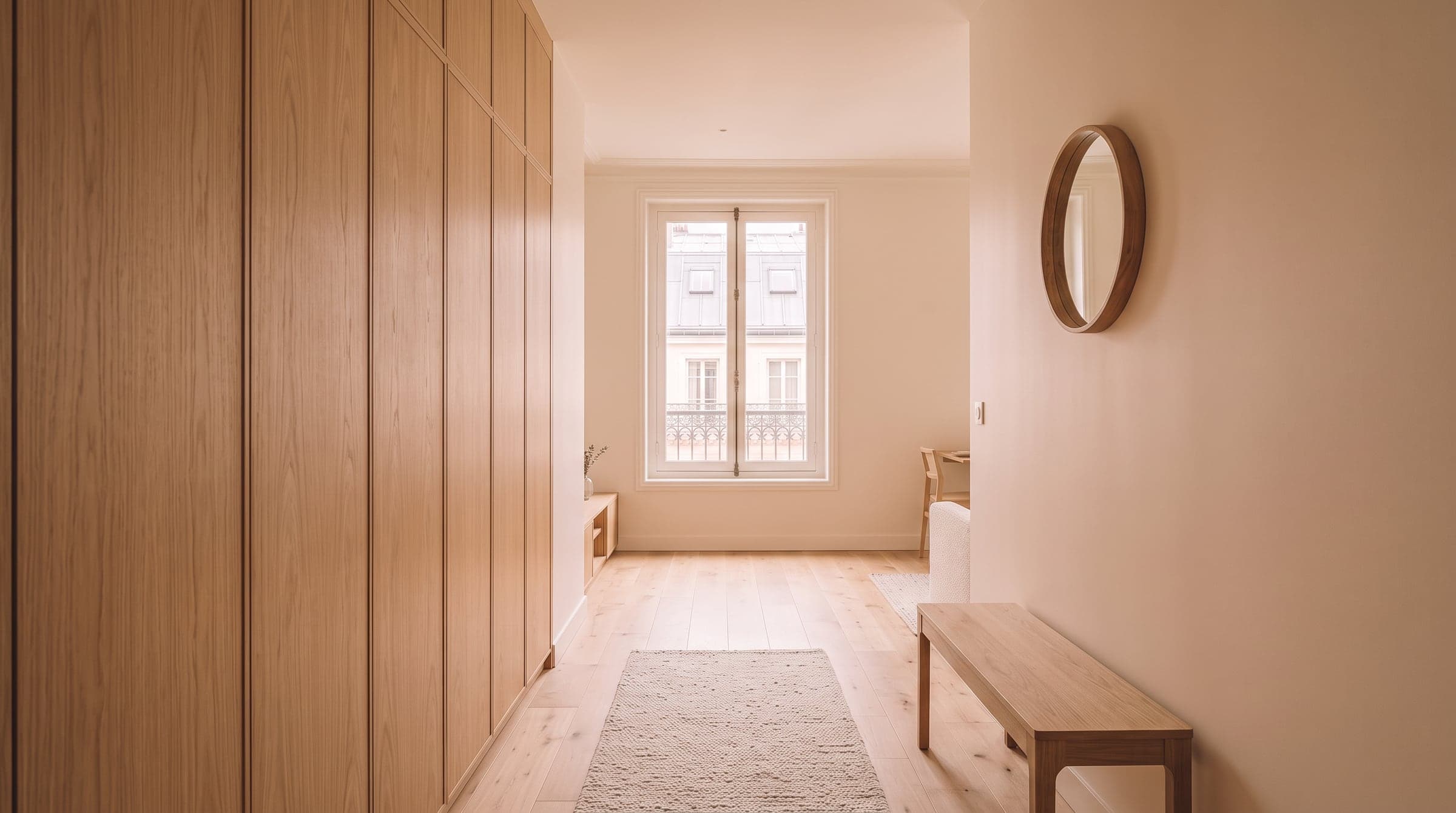 Entrée d'un petit appartement avec placards fermés sur toute la hauteur, du sol au plafond
