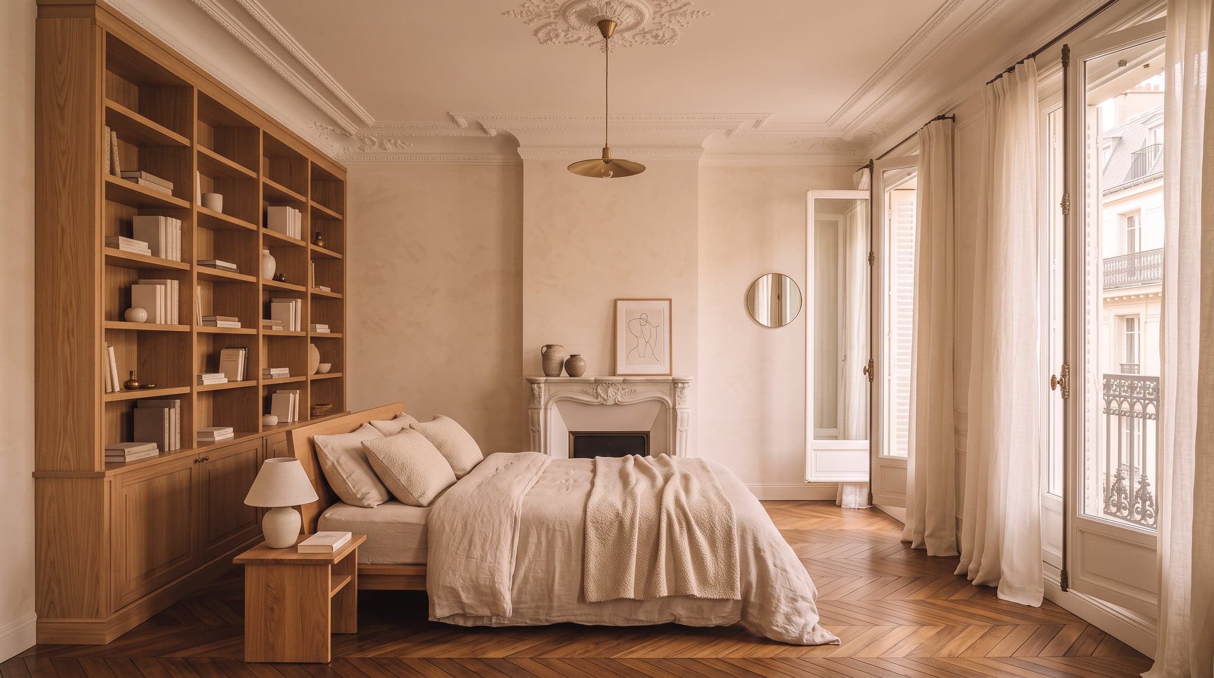 Chambre haussmannienne avec parquet point de Hongrie restauré et bibliothèque alignée sur son motif