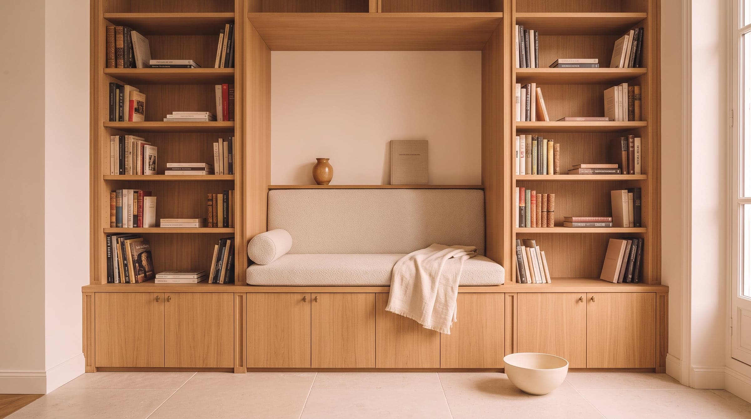 Reading alcove built into the end of a floor-to-ceiling oak bookcase, with a bolster and a wall light