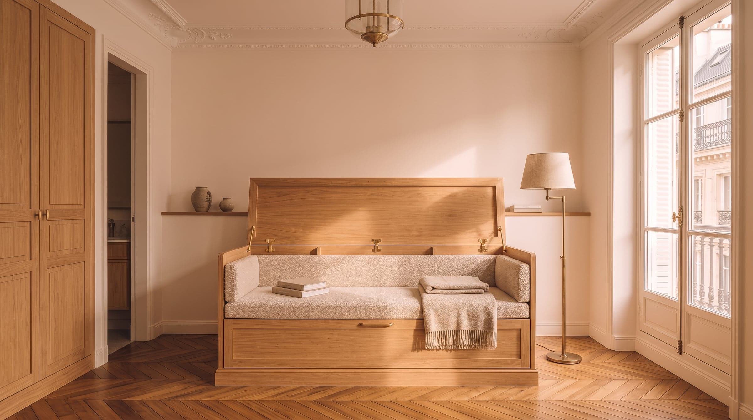 Freestanding oak storage bench along a bedroom wall, hinged lid open, used as a reading seat