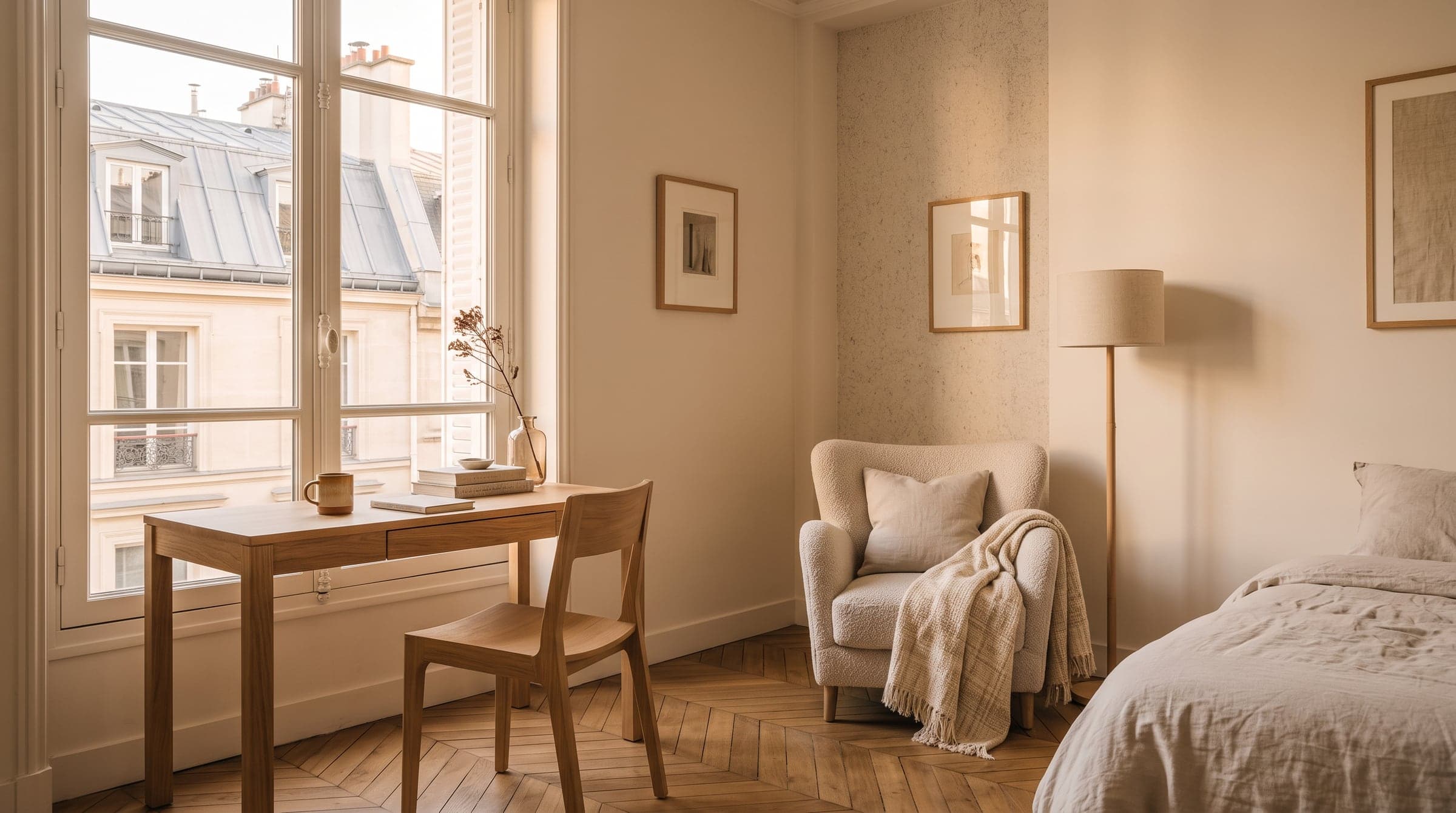 Coin bureau installé dans une chambre baignée de lumière du matin, un fauteuil de lecture à proximité