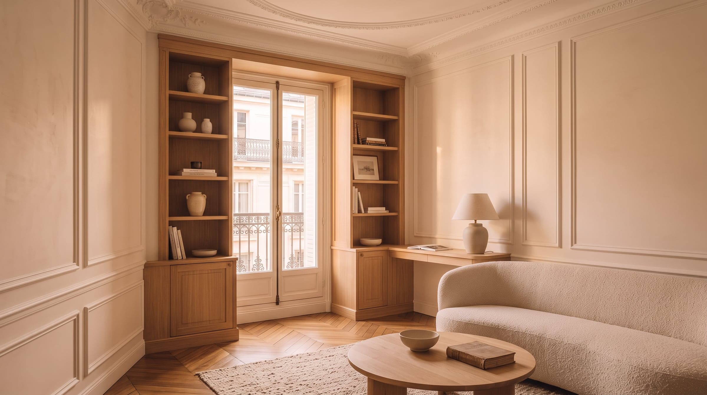 Salon haussmannien lumineux aux moulures intactes, rangements sur mesure intégrés dans l'embrasure d'une fenêtre