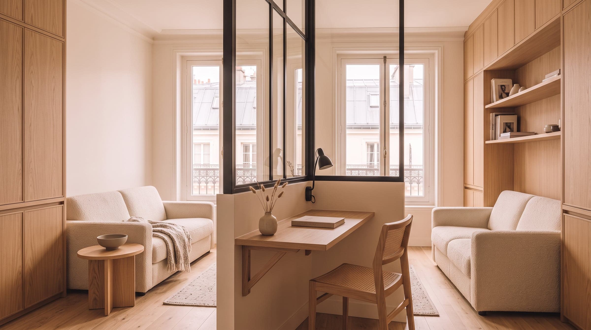 Slim black steel-framed glass screen separating a home office corner from the living area, afternoon light through clear glazing