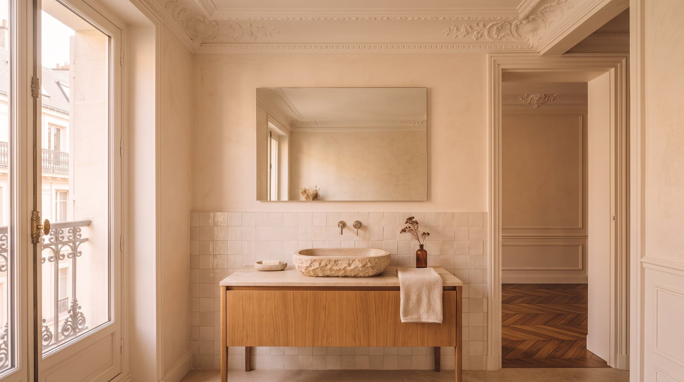 Vasque et meuble sur mesure dans une salle de bain haussmannienne, moulure raccordée à l'identique sur la cloison