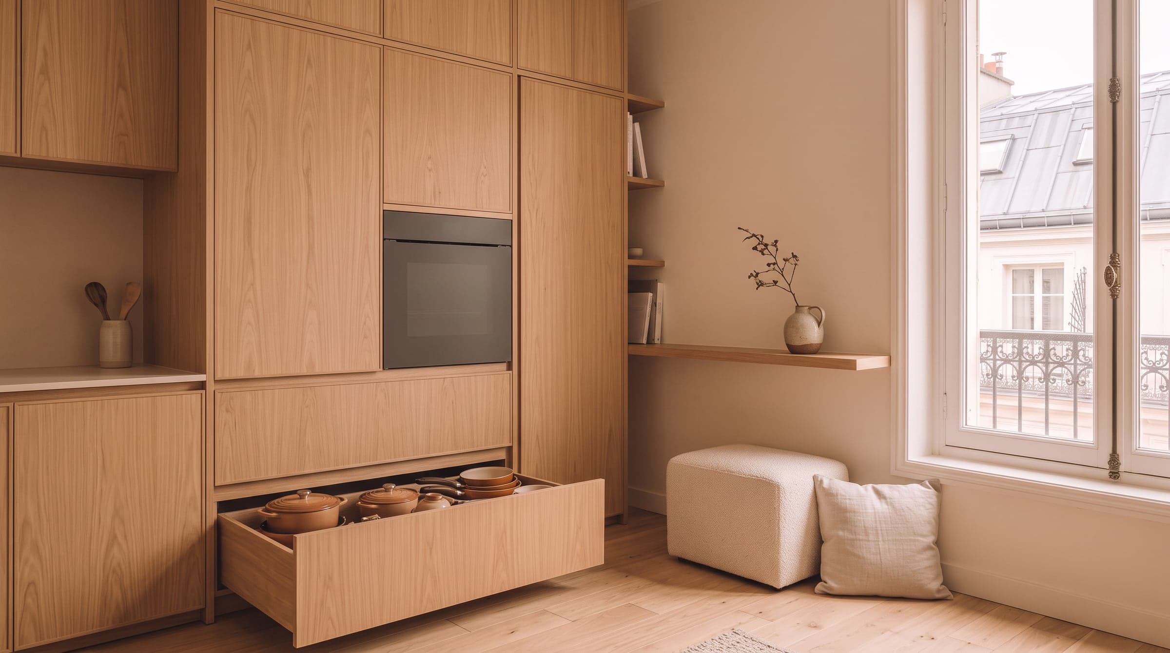 Full-height oak storage column in a small kitchen with an open drawer holding stacked pans
