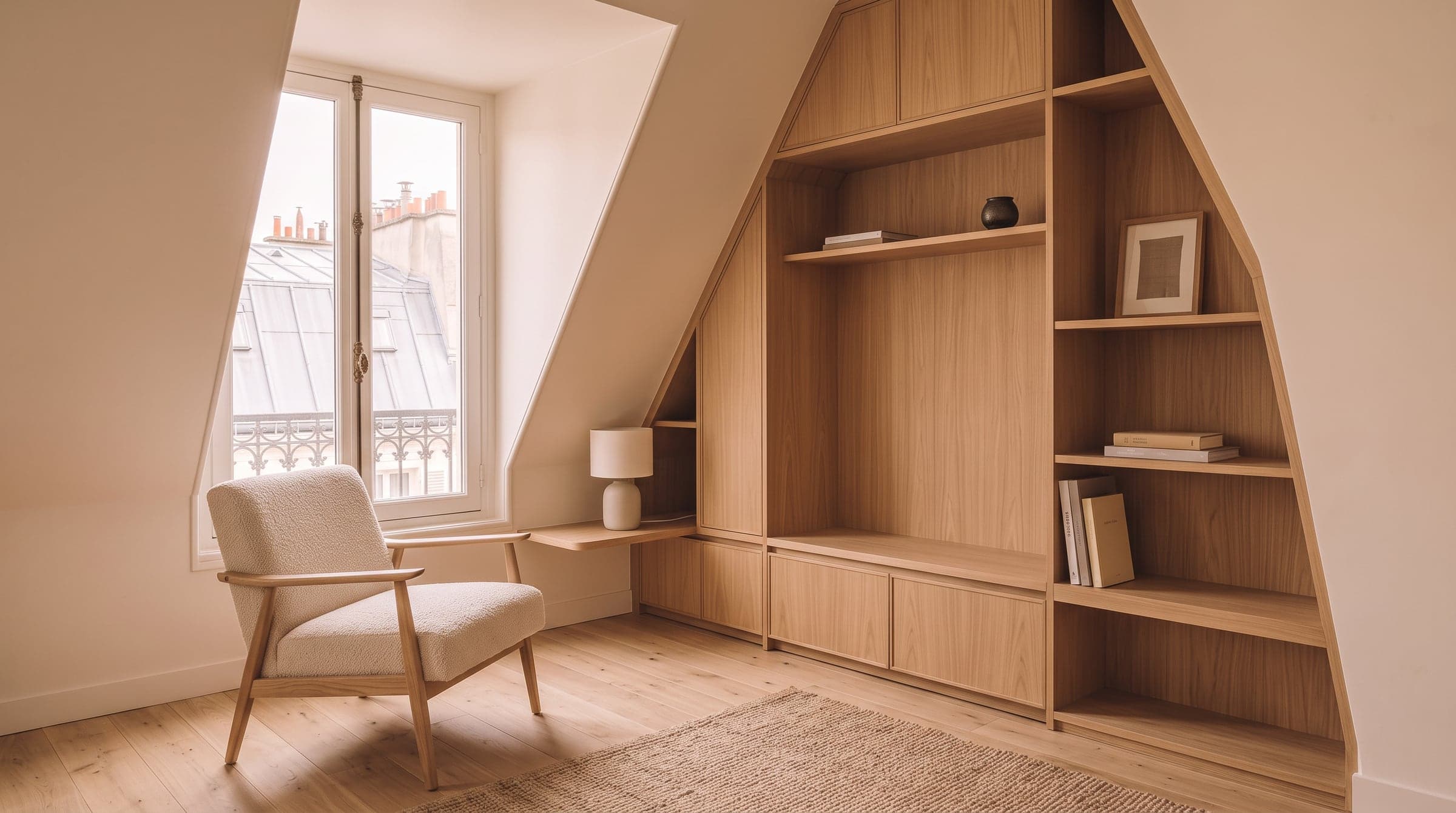 Fitted oak storage unit built into a sloped-ceiling corner of a small Paris apartment