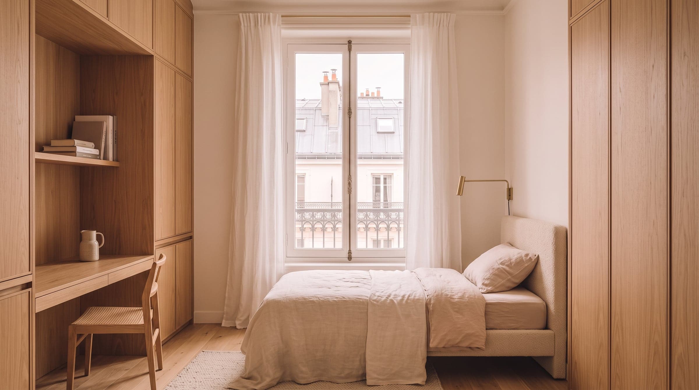 Bed placed under a tall window in a narrow bedroom, low headboard clearing the sill