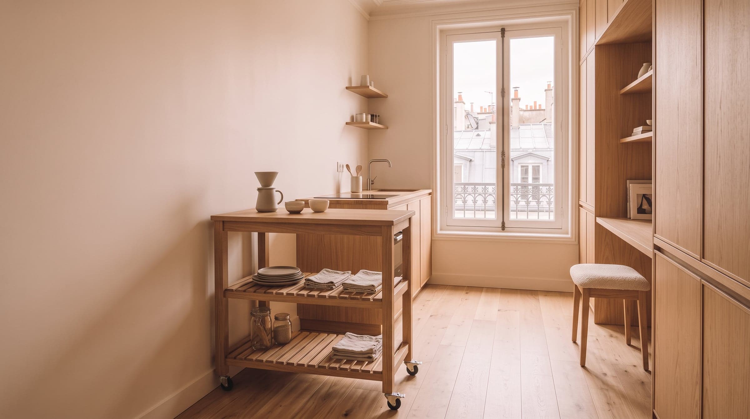 A narrow mobile kitchen cart on castors standing against a wall in a small kitchen, room to roll it out when needed